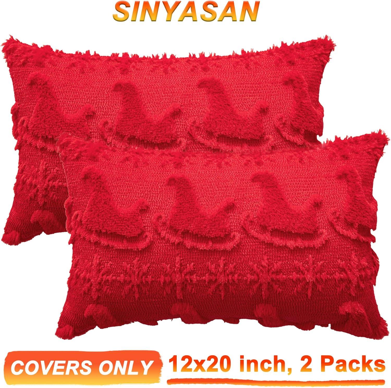 Red Faux Wool Snowflake Decorative Pillow Covers 12x20 Inch Set