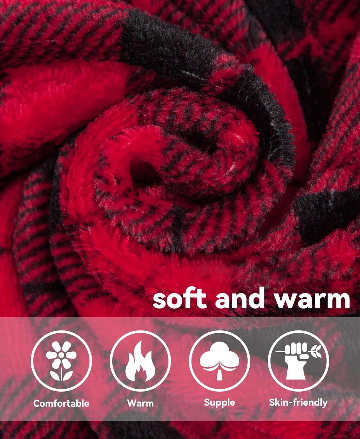 ADR Men's Warm Winter Plush Hooded Bathrobe, Full Length Fleece Robe with Hood Red Black Plaid with Cream Medium