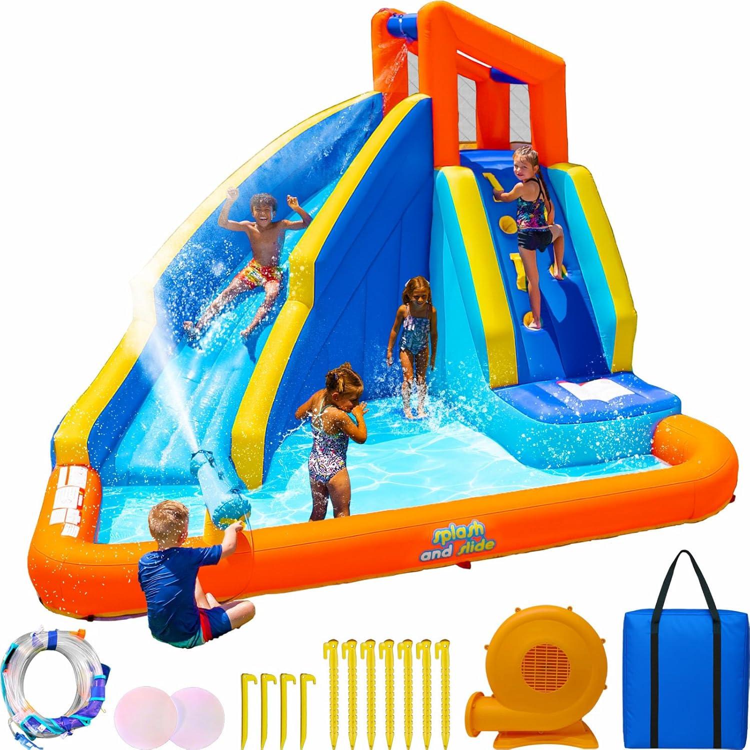 Sportspower™ Big Wave II Inflatable Water Slide with Climbing Wall & Splash Pool, Ages 3-8, Heavy Duty, ASTM Certified, Lifetime Warranty on Included Blower