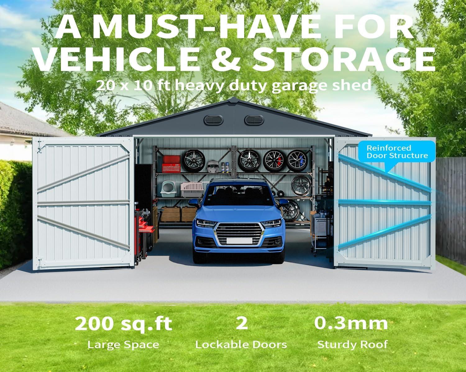 20 x 10 FT Outdoor Storage Shed, Large Metal Garden Shed with 2 Lockable Doors, Tool Shed Outdoor Storage with 4 Air Vents, Garage Shed Waterproof for Car, Truck, Bike, Garbage Can, Tool, Dark Gray
