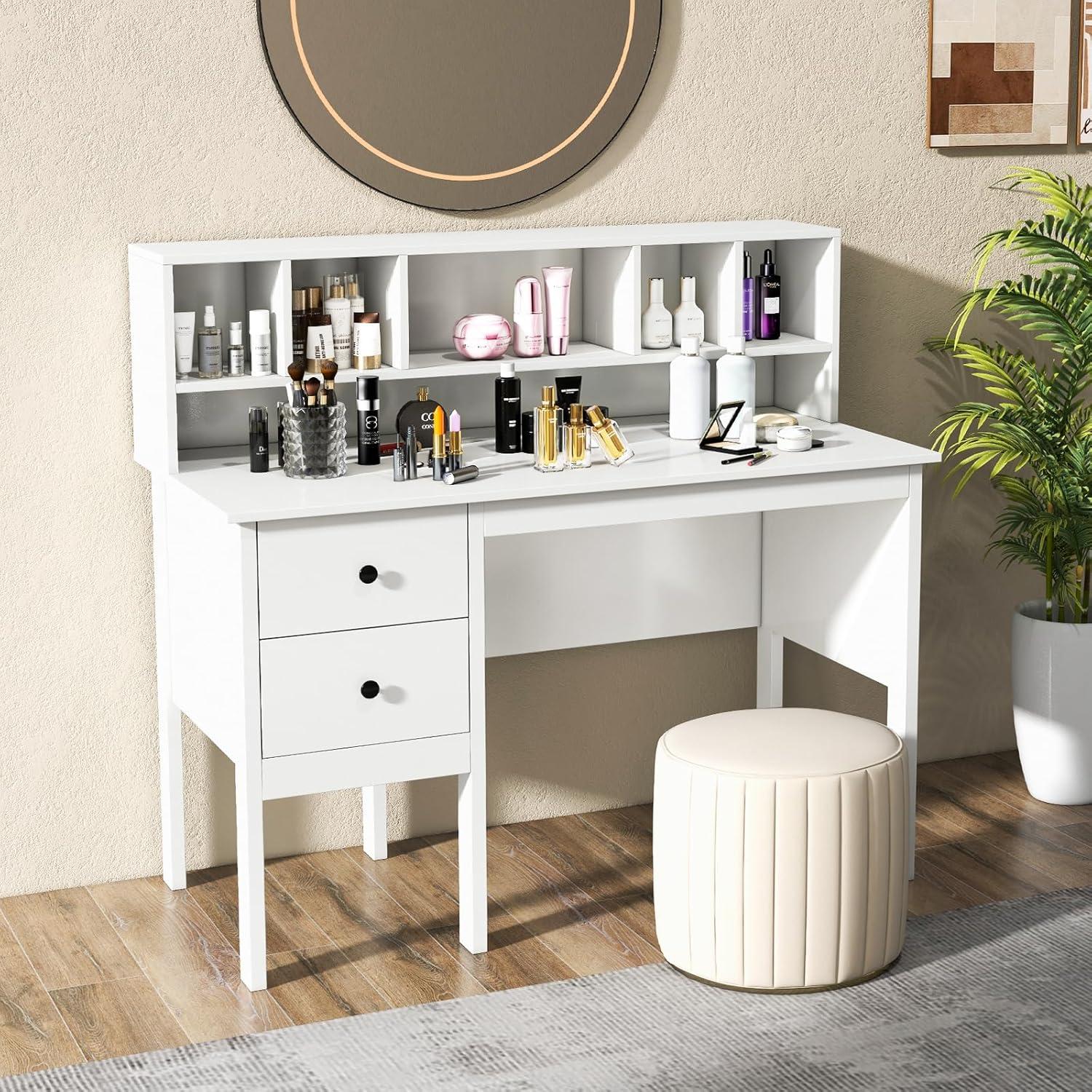 White Desk with Drawers & Hutch, Modern Home Office Desk Writing Study Desk with Charging Station, Laptop Desk with 5 Storage Compartments, Computer Workstation Makeup Vanity Desk