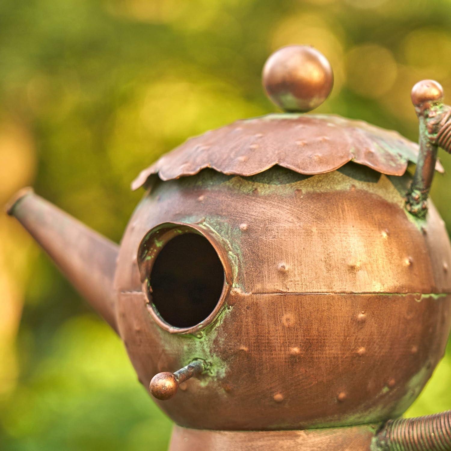 Antique Copper Teapot Birdhouse with Leaf Design Stake