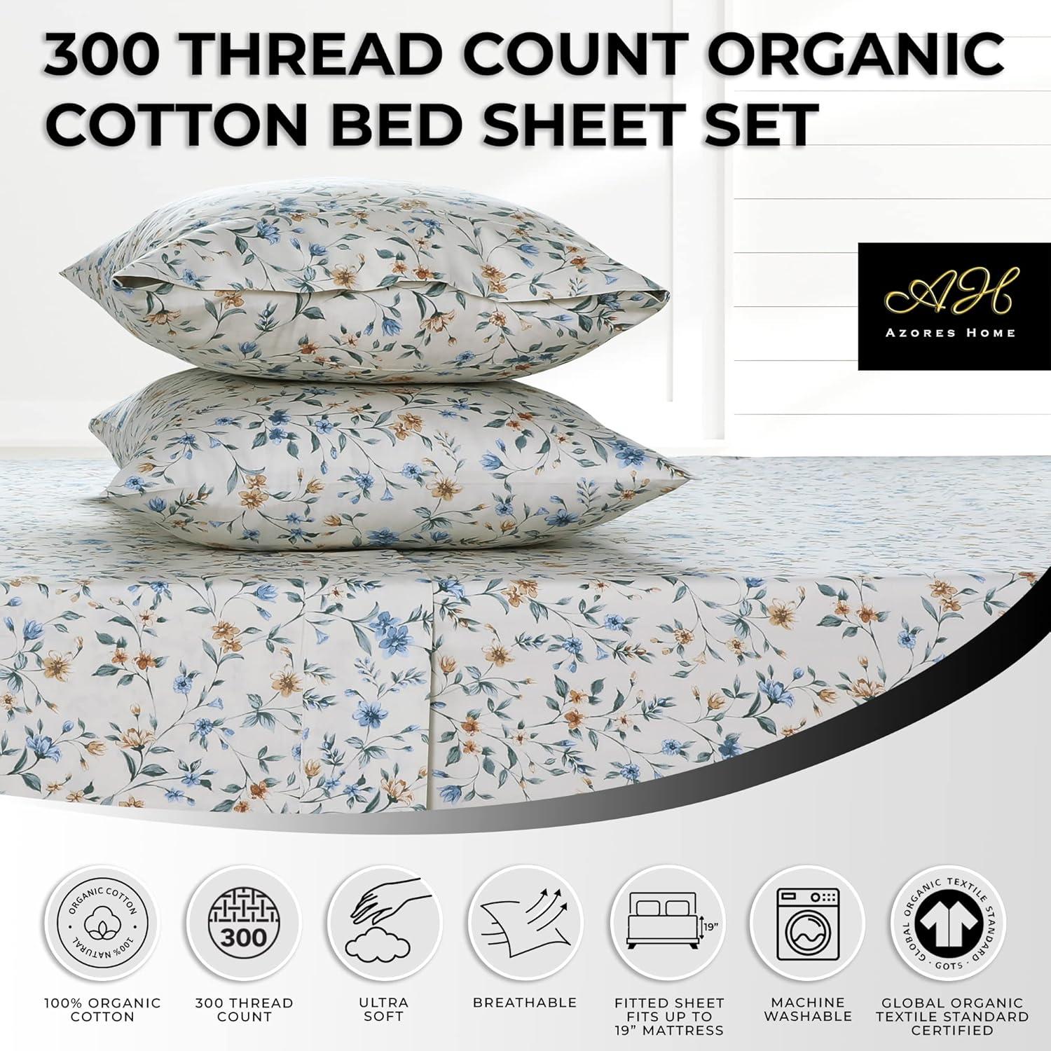 Twin 300 Thread Count Organic Cotton Deep Pocket Printed Sheet Set Carolina Cream- Azores Home