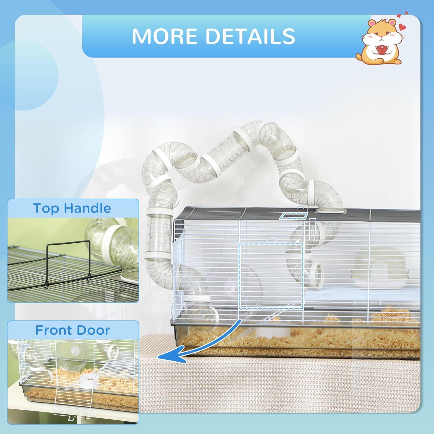 PawHut 2 Levels Hamster Cage for Gerbil or Dwarf Hamster with Tube Tunnels, Exercise Wheel, Food Dish, Water Bottle, Ramp, 23" x 13" x 12", Gray