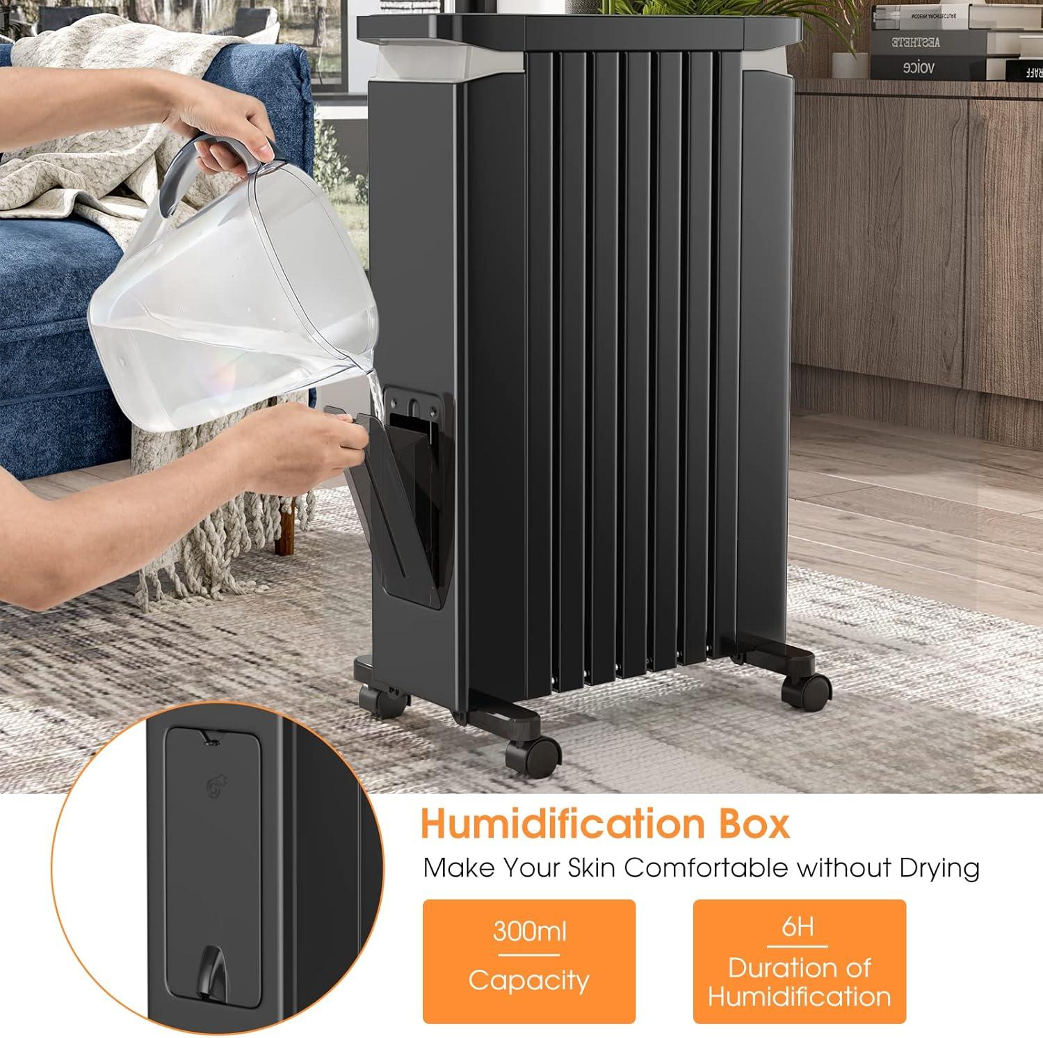 Costway 1500W Oil Filled Radiator Heater Electric Space Heater w/ Humidifier White\Black