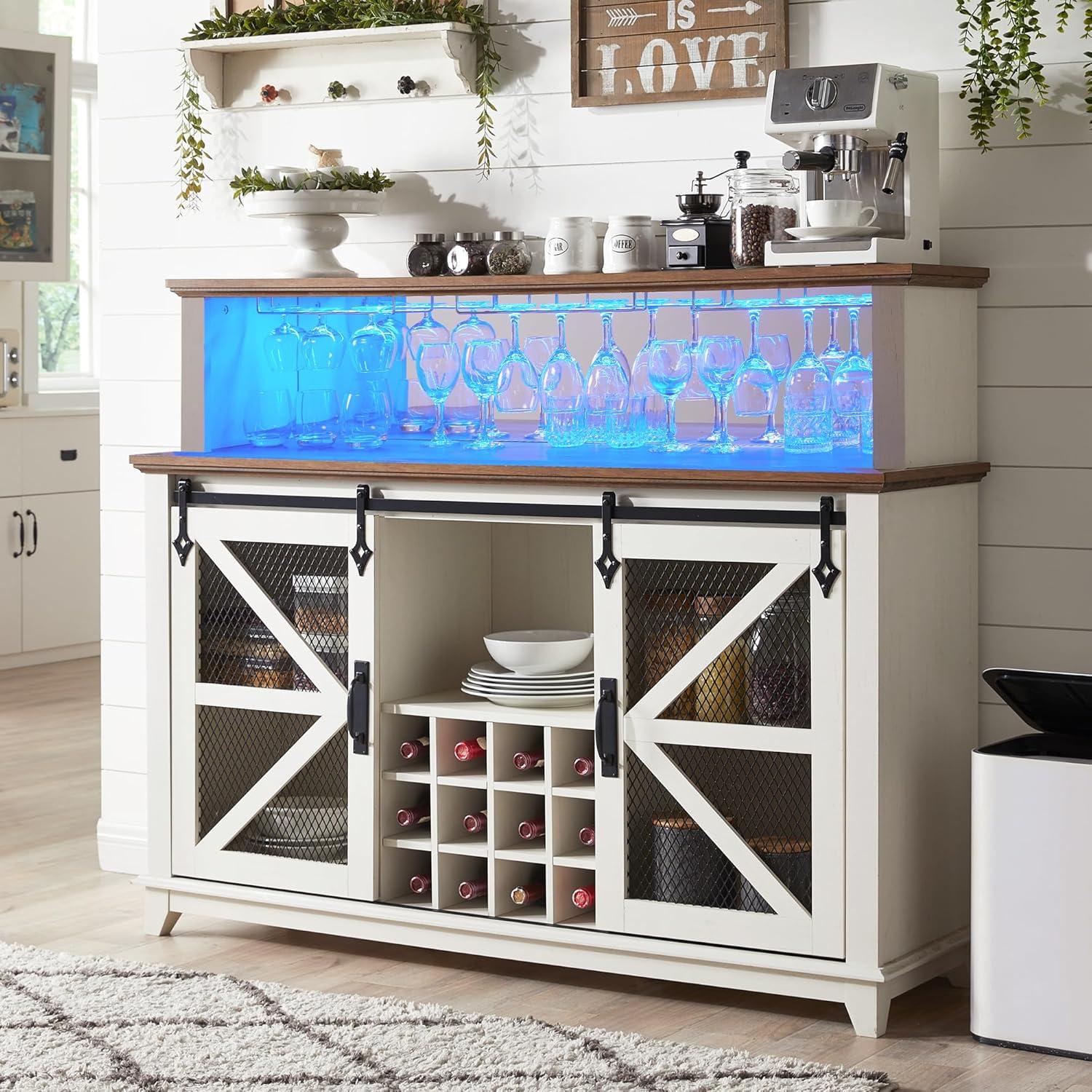 Antique White Farmhouse Coffee Bar Cabinet with LED Lights and Sliding Barn Doors