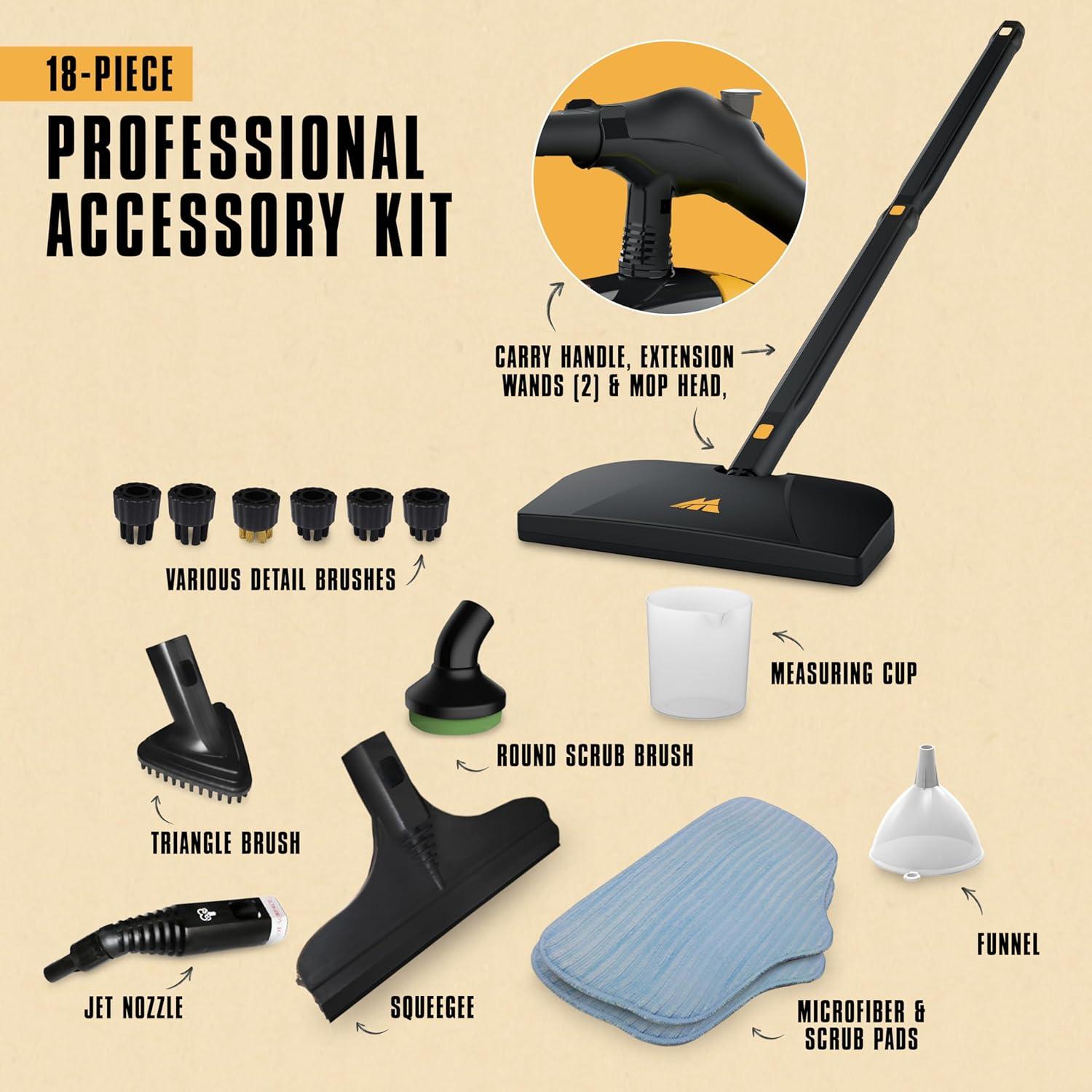 McCulloch MC1275 Heavy-Duty Steam Cleaner, 45 Minute Runtime, 18 Accessories: Mop Head, Brushes, & More - Built for Home, Tile, Grout, Carpet, Furniture, Car Detailing, & Commercial Deep Cleaning