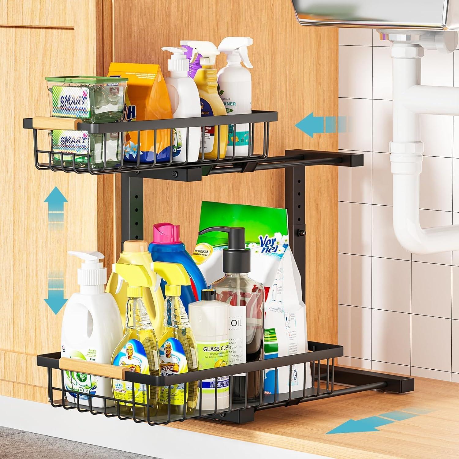 DELAMU 2 Pack Under Sink Organizers and Storage, Pull Out Trash Can Under Cabinet, 2 Tier Bin Organizer with Hooks and Haning Cups, Multi-Purpose Sliding Under Cabinet Organizer