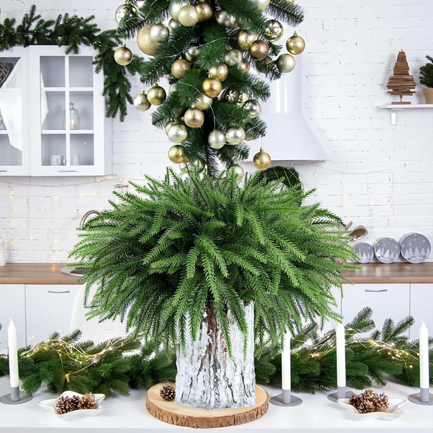 12 Pcs Christmas Norfolk Pine Branches- 18" Extra Length Artificial Xmas Branches Plants Pine Needles- Fake Greenery Norfolk Pine Stems Sprigs for DIY Craft Garland Home Garden Decor