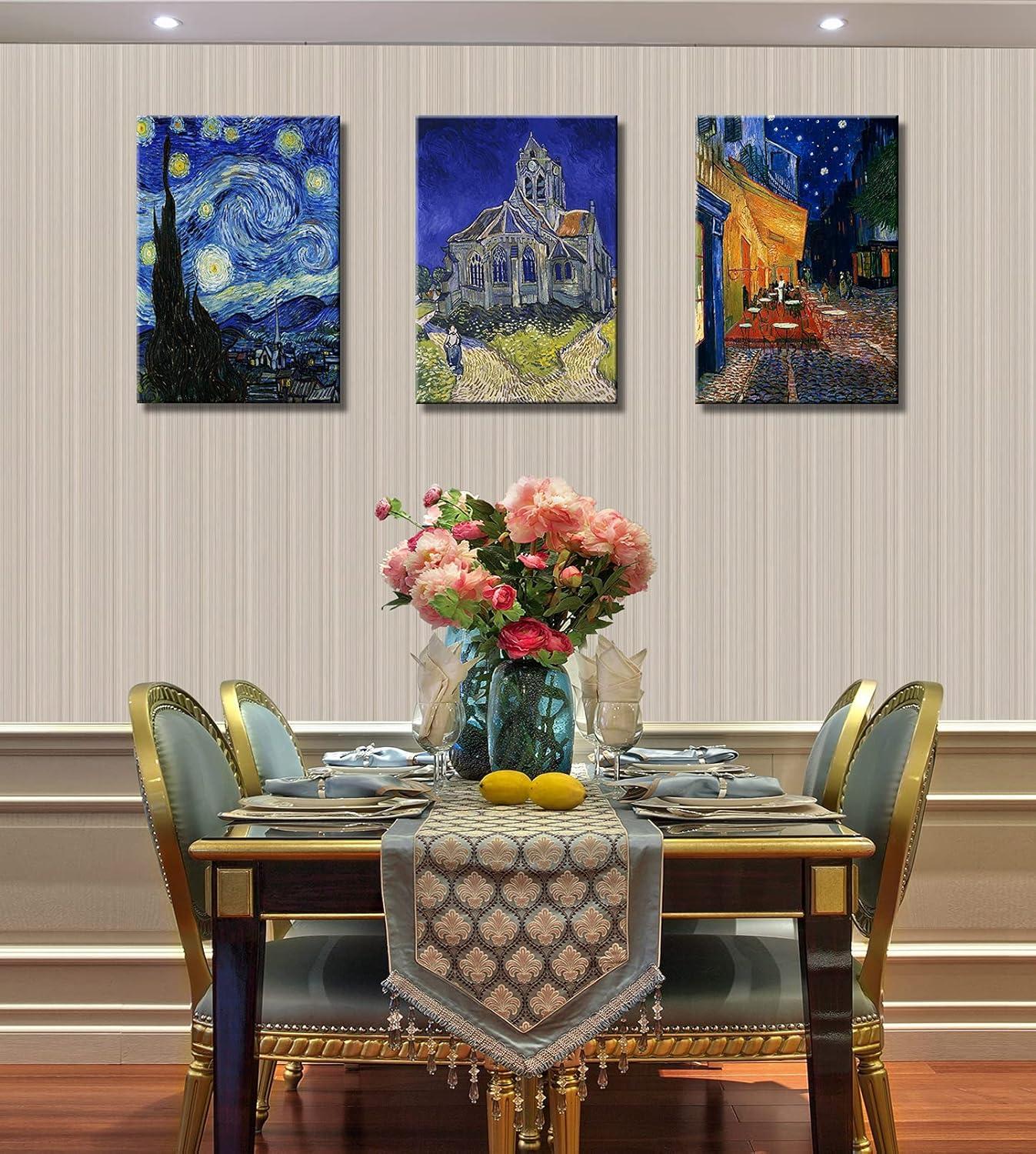 Cafe Terrace At Night by Vincent Van Gogh Wall Art Canvas Prints, Starry Night Over The Rhone Classic Painting Artwork Poster for Bedroom Bathroom Decor - 12" x 16" x 3 Pcs