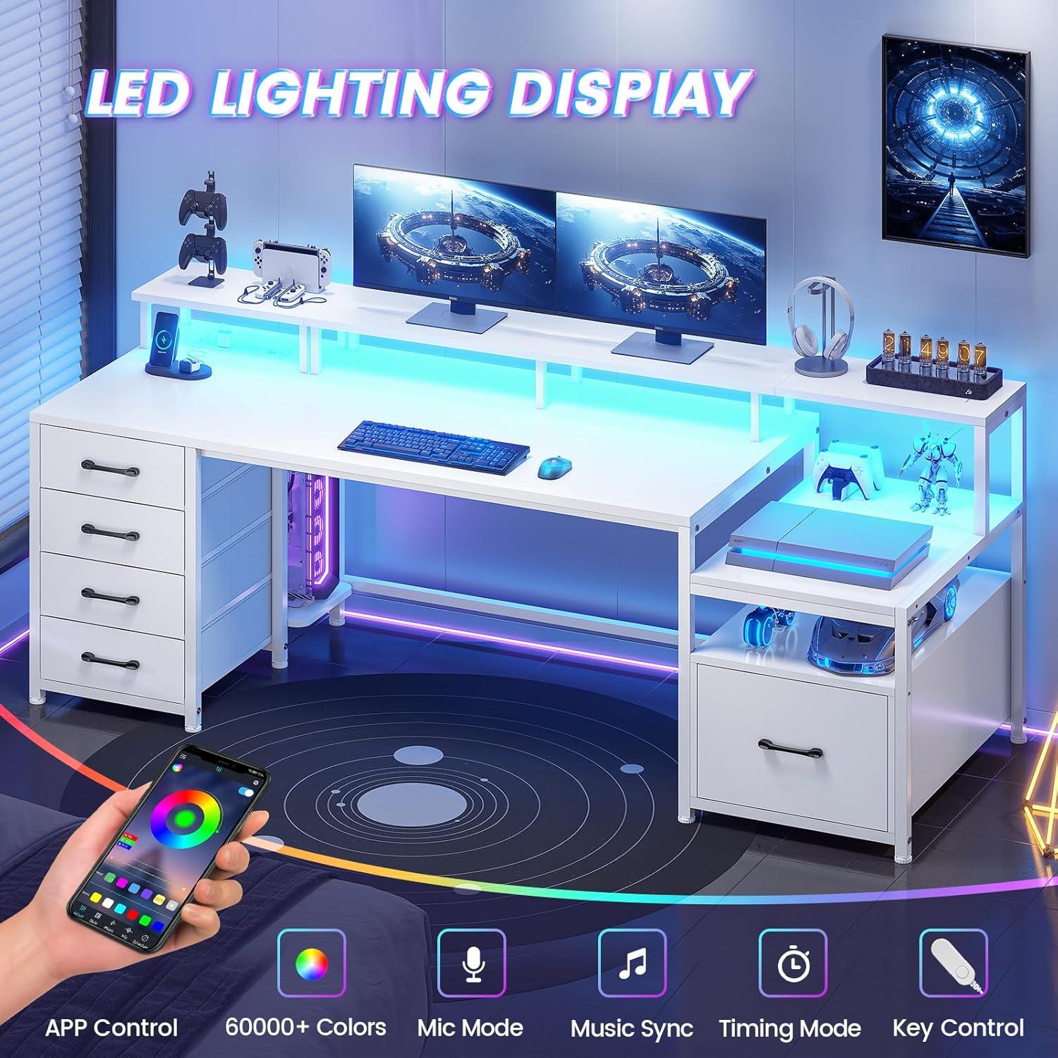 75 Inch Computer Desk with 5-Drawer Power Outlet & Led Lights, Home Office Desk with File Drawer, Storage Shelves, Printer Cabinet and Monitor Stand, Large Desktop Gaming Desk, White