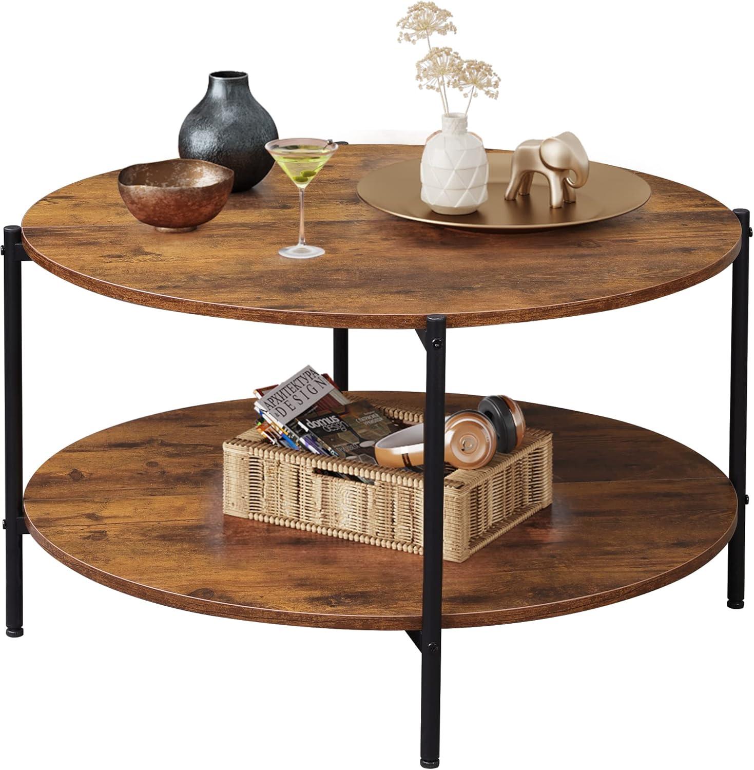 Round Coffee Table For Living Room, 32.6" Circle Coffee Table With Open Storage Shelf, 2-Tier Industrial Round Wood Center Table For Bedroom, Home Office, Rustic Brown