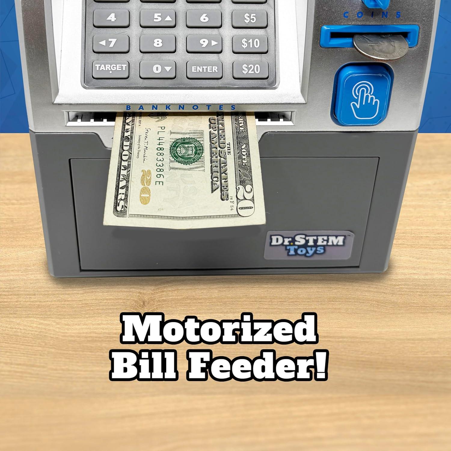 Dr. STEM: Electronic ATM Bank - Real Money Savings Piggy Bank Toy, LCD Digital Screen, Bill Feeder & Coin Counter, Pin Entry, STEM Learning, Kids 5+