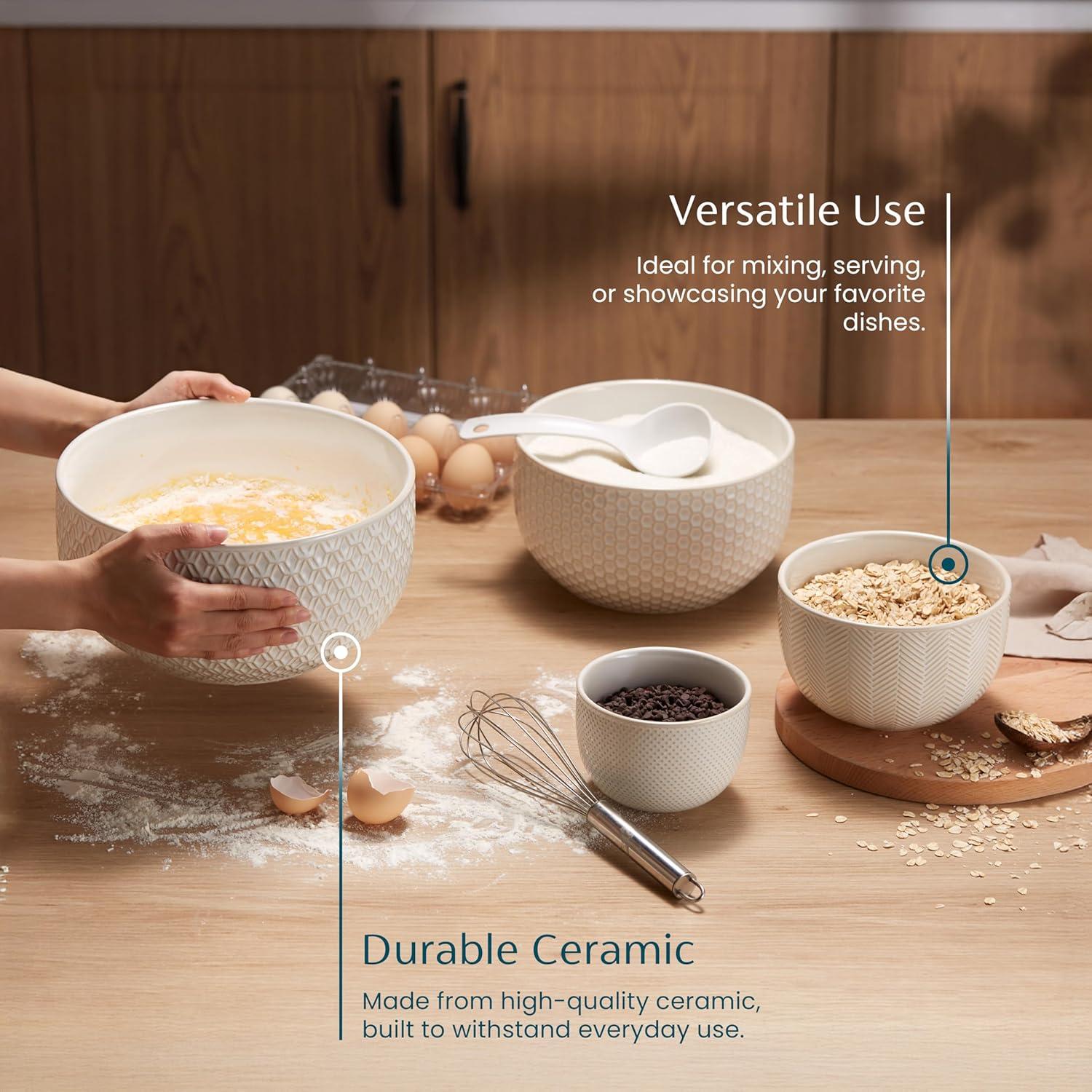 Kook Ceramic Nesting Bowls, 20/44/98/145 oz, Cream/Copper, Set of 4