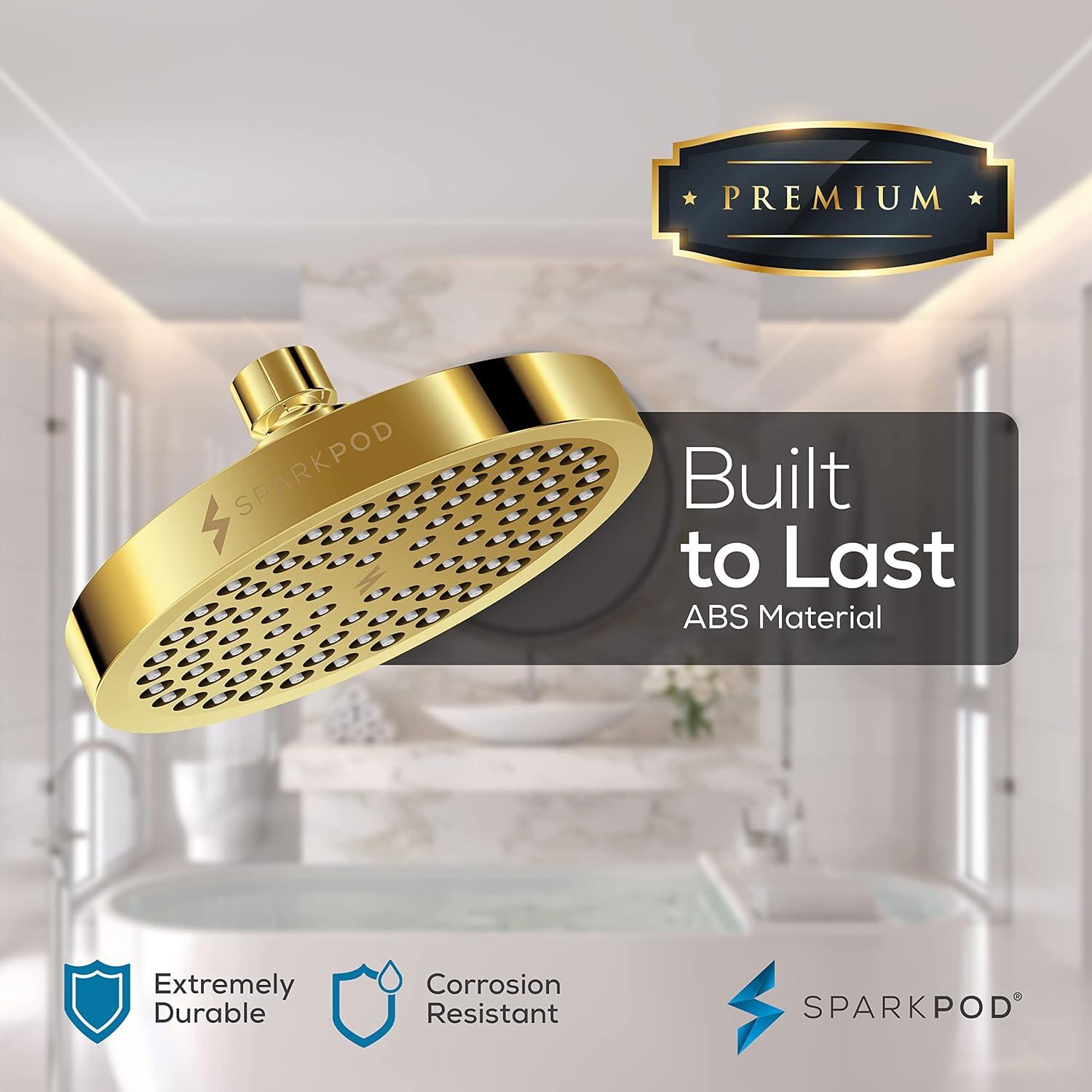 SparkPod 6" Rain Shower Head with 6" Shower Arm - High Pressure Rain - Luxury Modern Look - No Hassle Tool-less 1-Min Installation - Water Saving Shower Head - Luxury Spa Experience (Egyptian Gold)