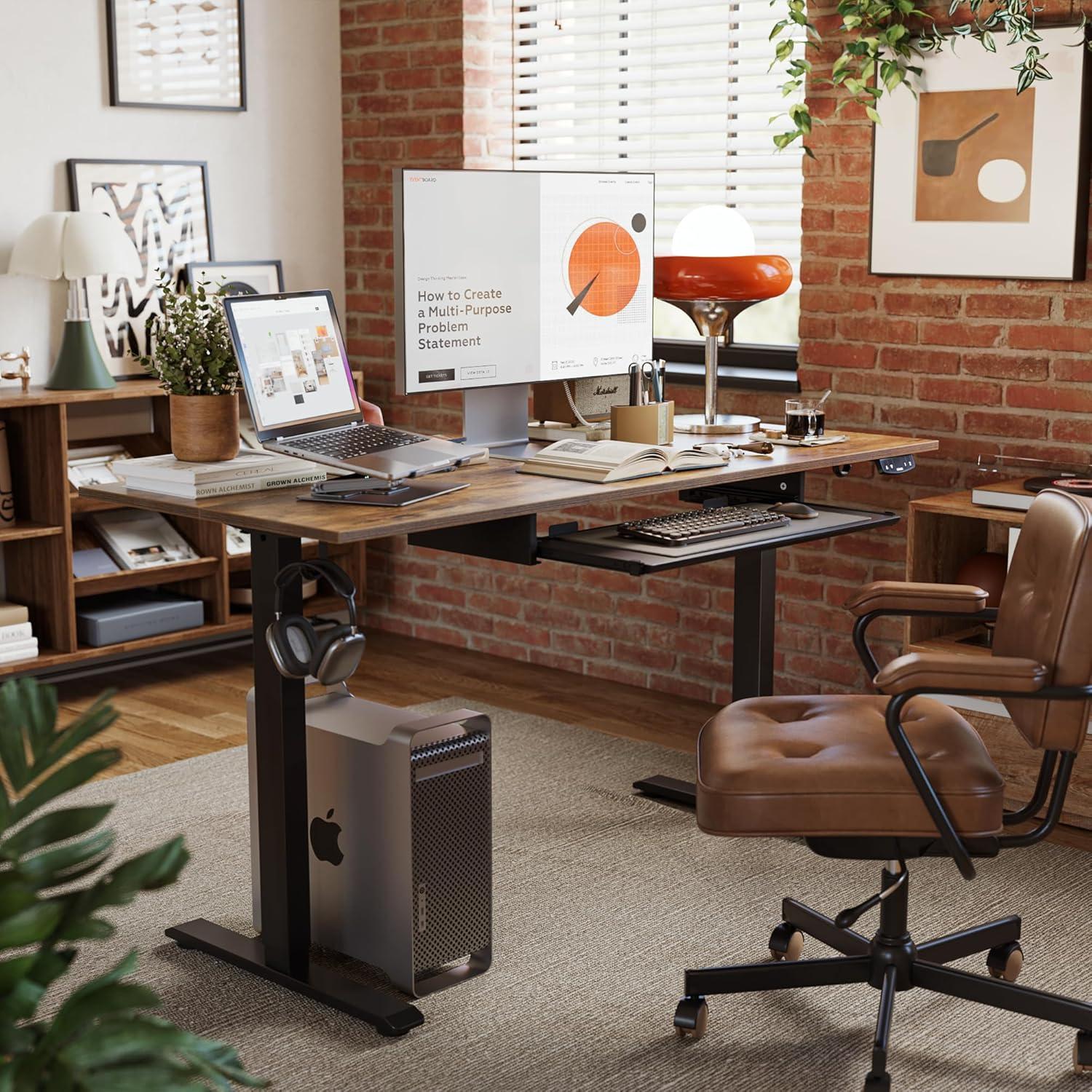 Agilestic Adjustable Height Electric Standing Desk with Storage Wooden Drawer, 55 x 24 Inches Stand Up Home Office Computer Gaming Table for Work Office Home, Rustic Brown