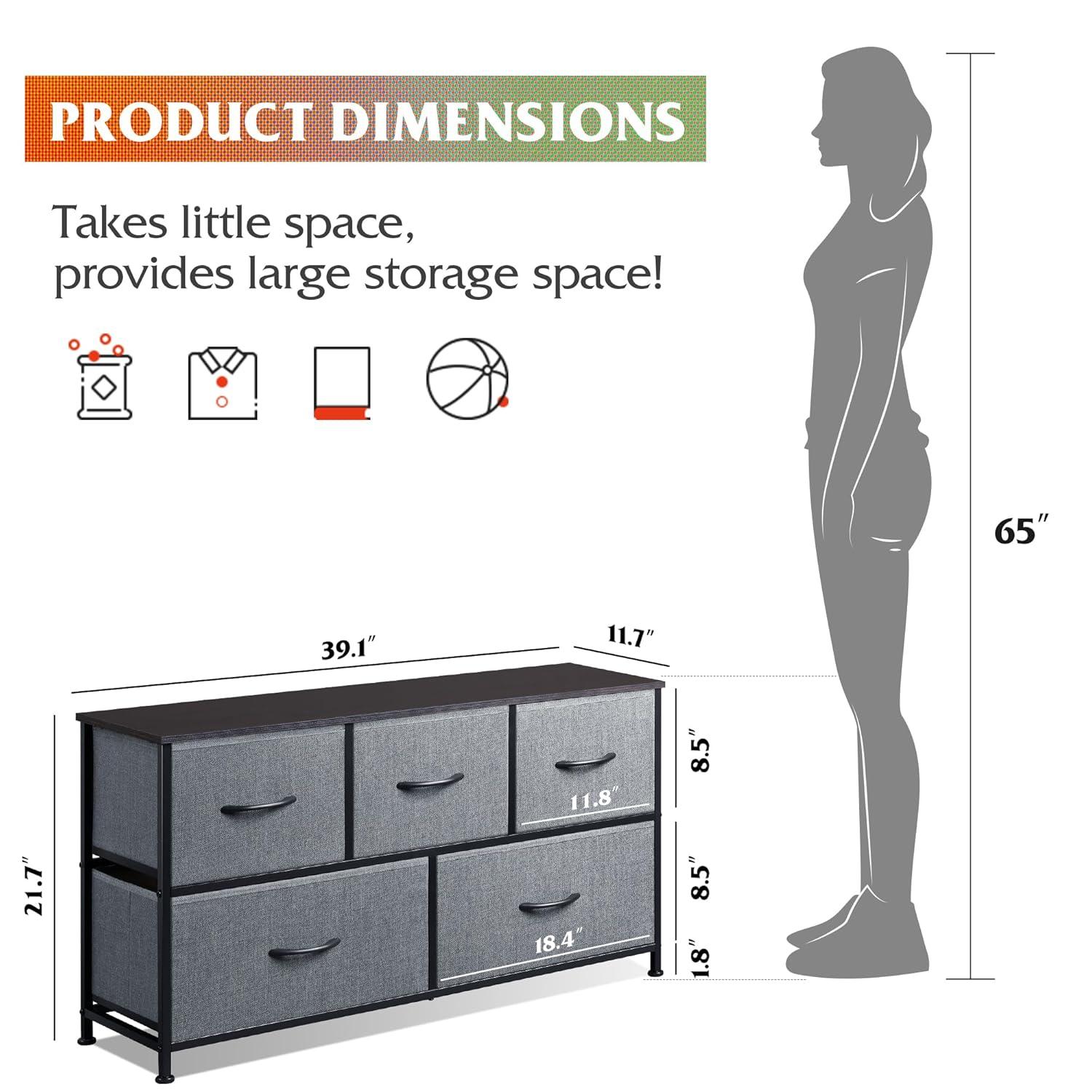 WLIVE Dresser for Bedroom with 5 Drawers, Wide Chest of Drawers, Fabric Dresser, Storage Organizer Unit with Fabric Bins for Closet, Living Room, Hallway, Dark Grey