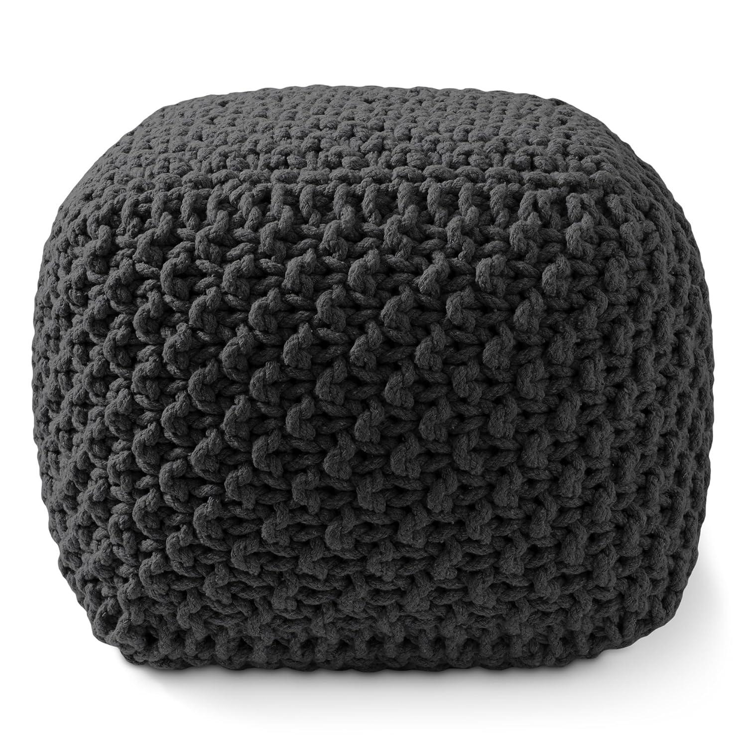 Casafield Casafield Square Pouf Ottoman, Cotton Knit Upholstered Footrest - Black