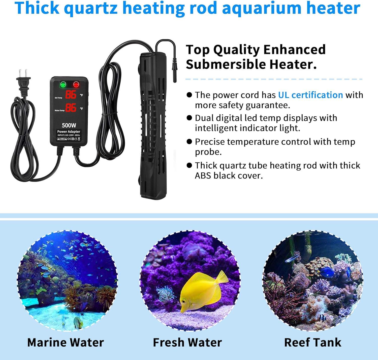 500W Black Quartz Submersible Aquarium Heater with LED Display