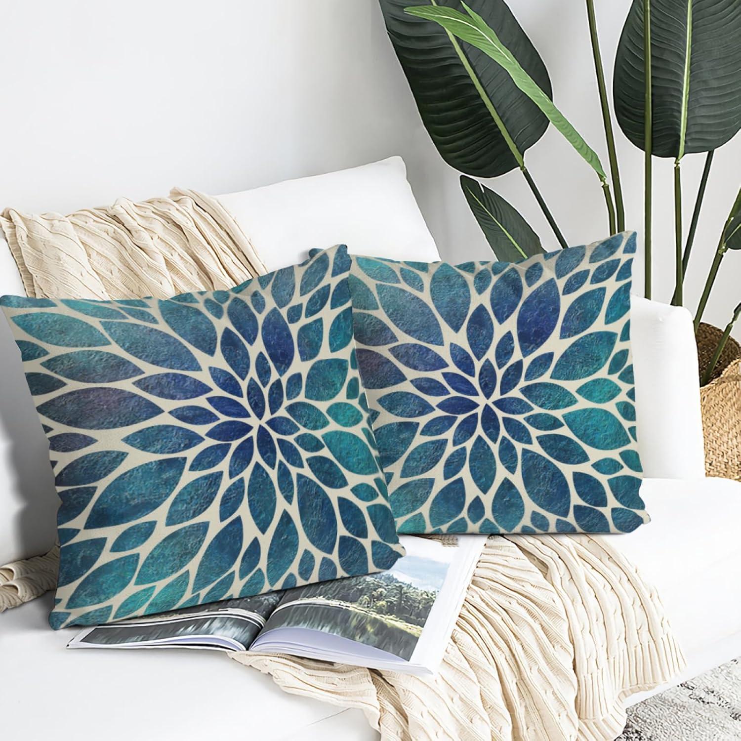 Navy Blue Teal Dahlia Floral Cotton Polyester Euro Pillow Covers