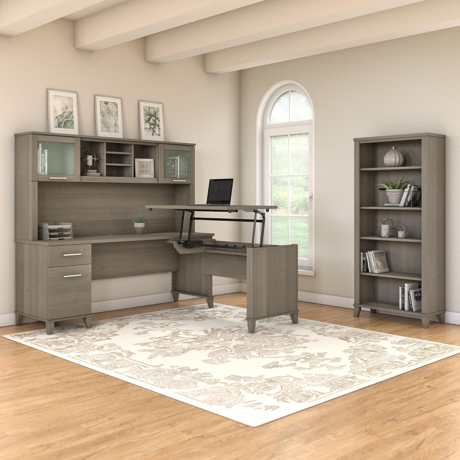 Ash Gray Adjustable Height Home Office Desk with Drawers