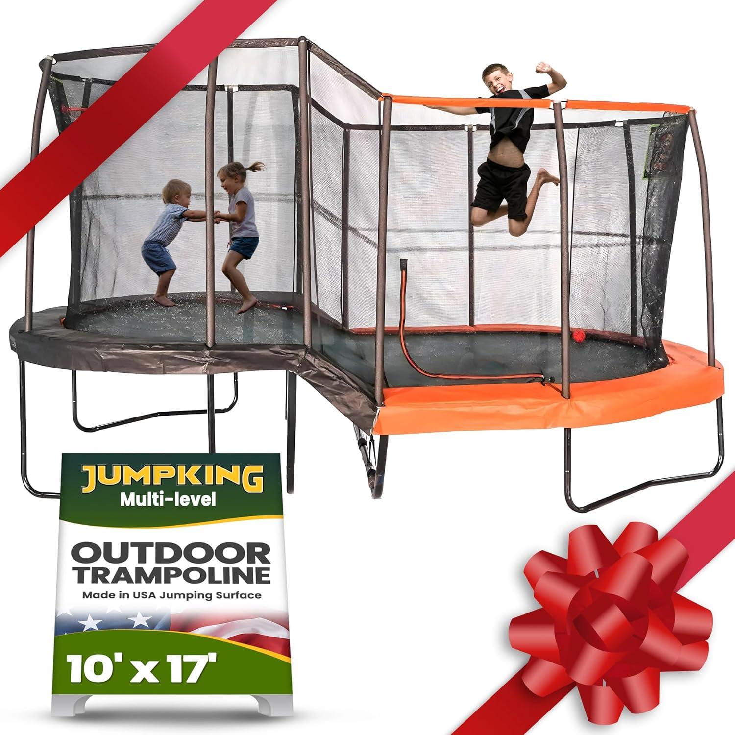 JumpKing 10'x17' Multi-Level Oval Trampoline - Outdoor/Indoor Recreational Trampoline w/ Basketball Hoop, Toss Game, Enclosure Net - Large Trampoline and Holiday Gift for Kids, Adults, & Family Fun