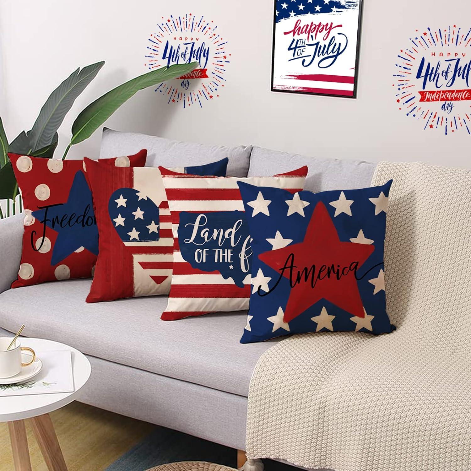 Patriotic USA Flag Cotton Linen Outdoor Pillow Covers Set