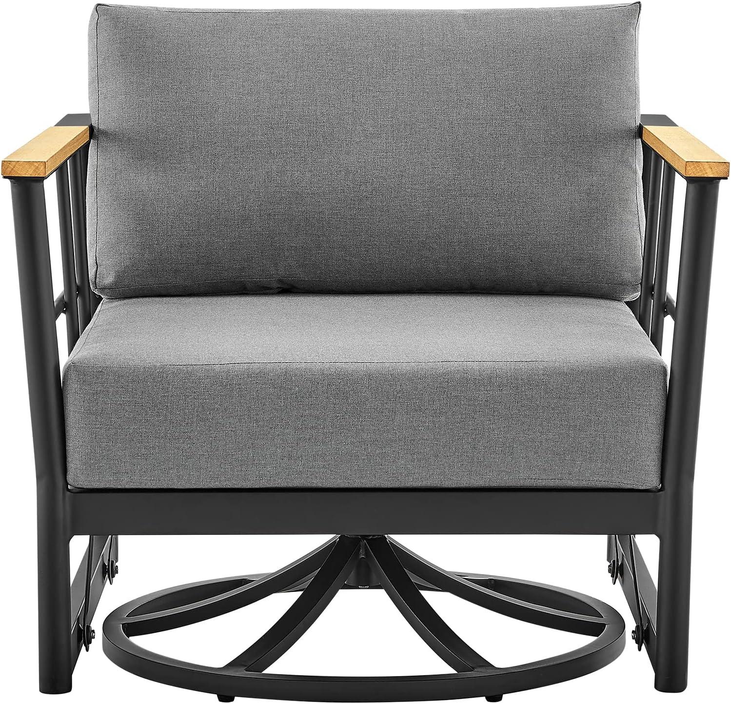 Shari Outdoor Patio Swivel Glider Lounge Chair in Black Aluminum and Teak Wood with Cushions
