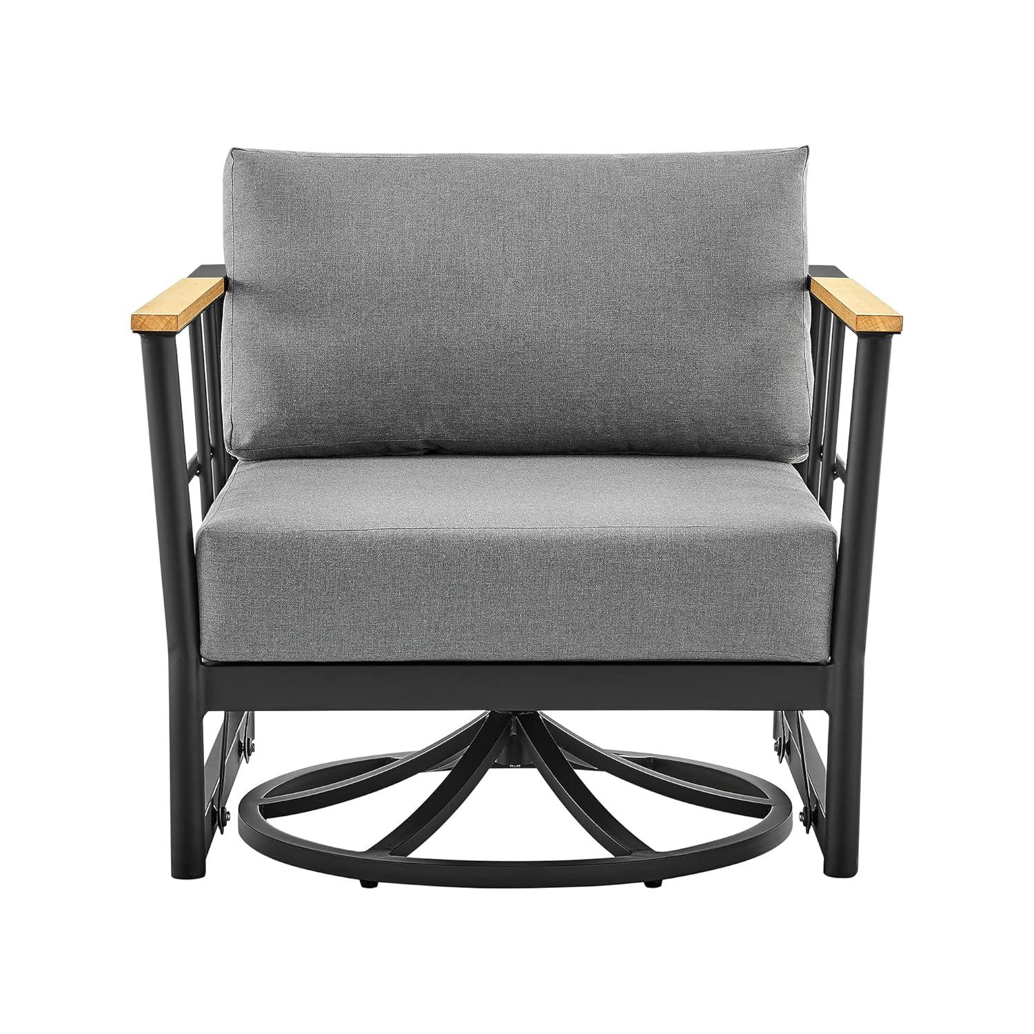 Shari Outdoor Patio Swivel Glider Lounge Chair in Black Aluminum and Teak Wood with Cushions