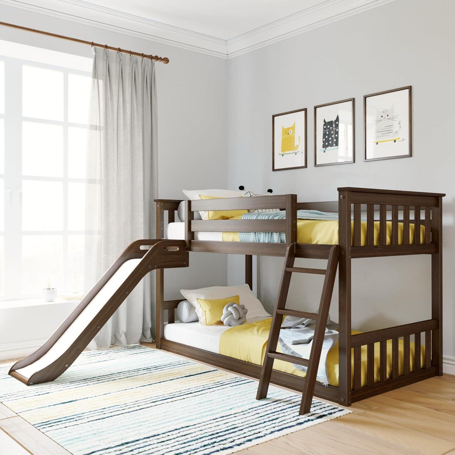 Max & Lily Twin Over Twin Low Bunk Bed with Slide, Solid Wood Kids Platform Bed with 14” Guardrails, Walnut