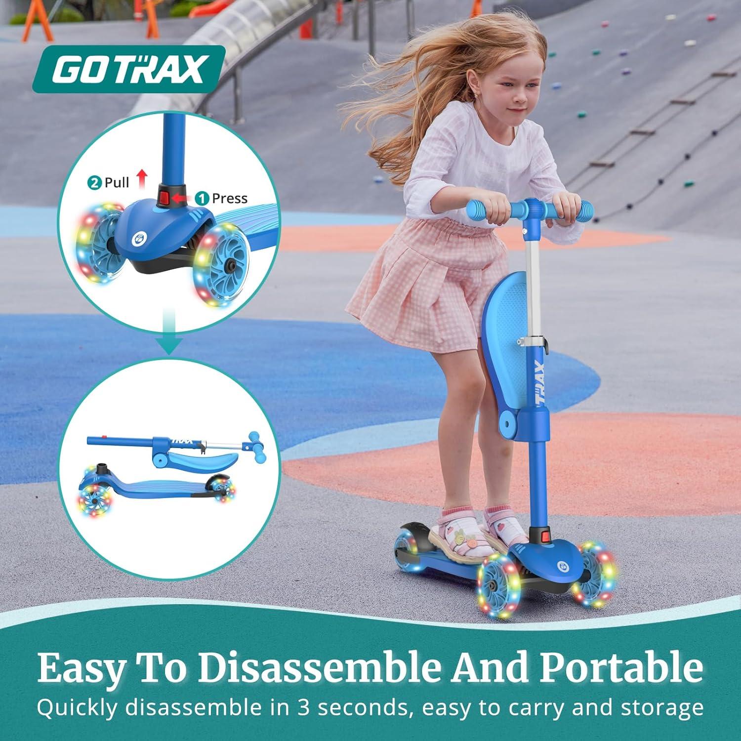 GOTRAX KS3 3 Wheel Kids Scooter with Folding Seat,Light-Up Scooter Suitable for Boys&Girls Ages 2~8, Blue