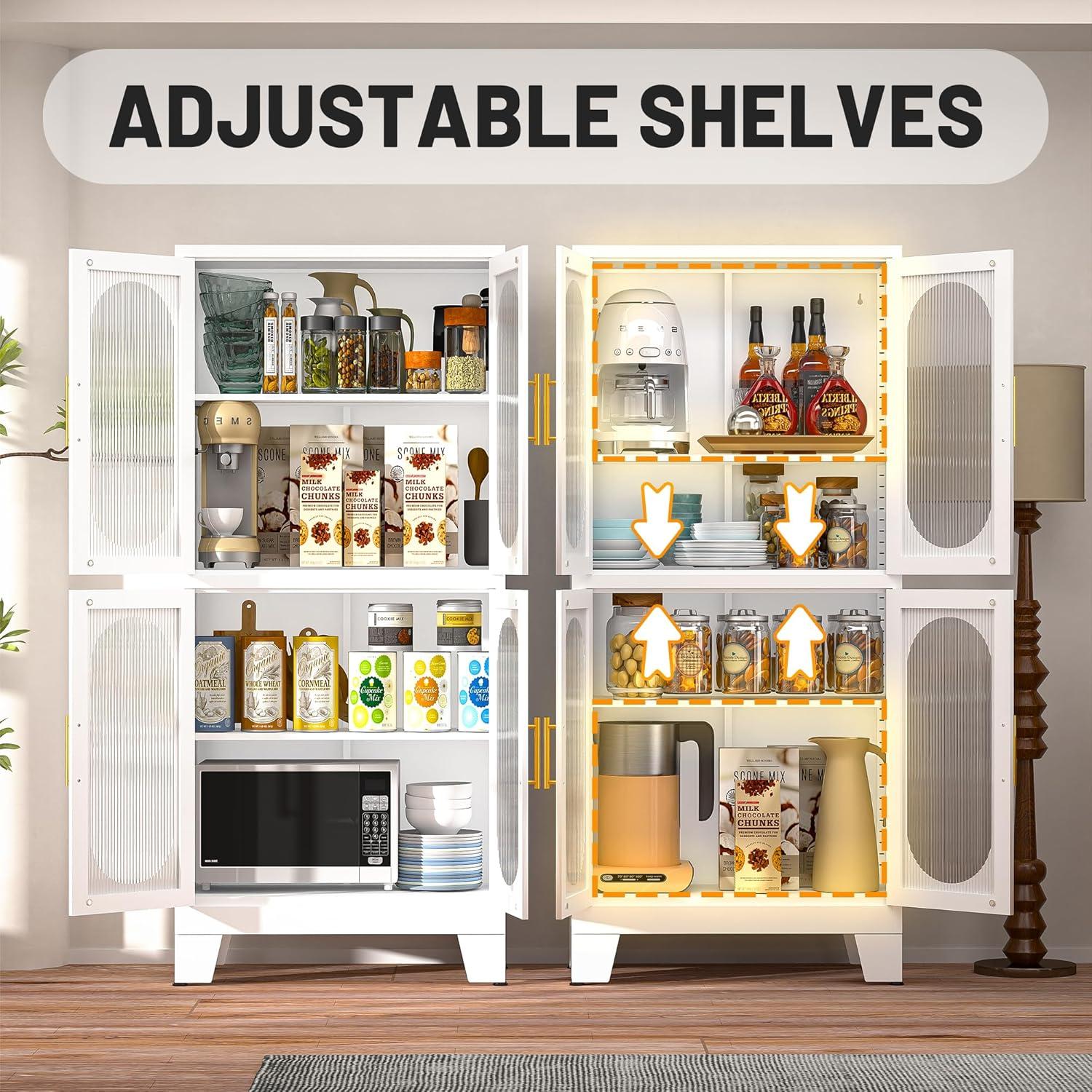 Pantry Storage Cabinet, 61" Pantry Cabinets with Acrylic Glass Doors and Adjustable Shelves, Metal Kitchen Pantry Cabinet for Kitchen, Living Room, Laundry Room and Dinning Room