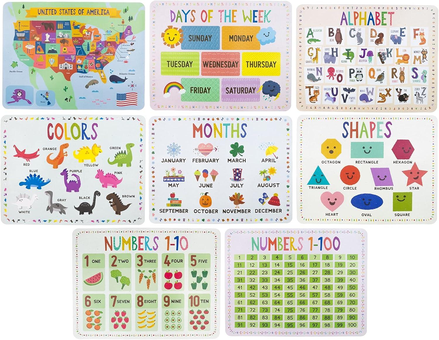 8-Pack Reversible Classroom Wall Posters 22" x 17" - Learn The Alphabet, Colors, Days, Months, Numbers, Shapes, & USA Map - Educational Posters by Pint-Size Scholars