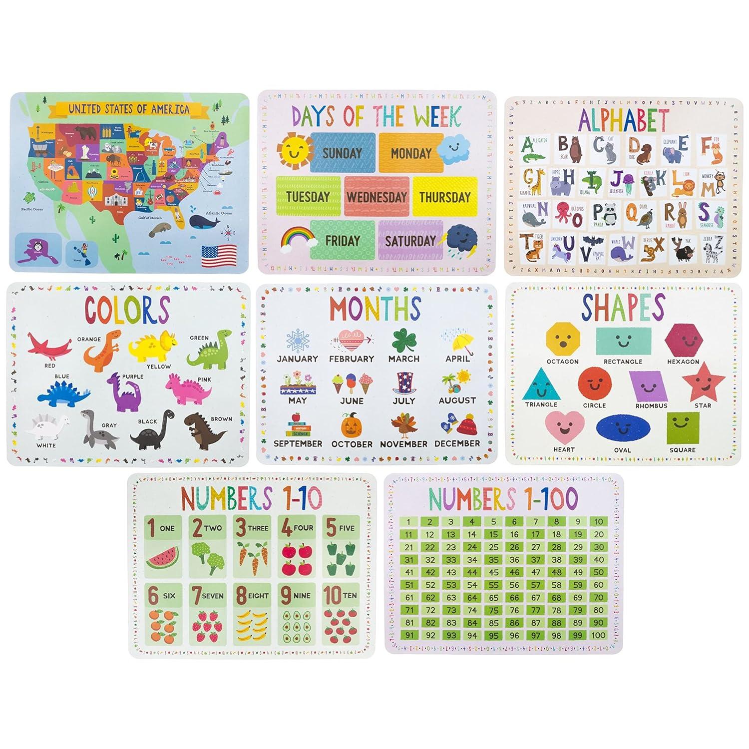 8-Pack Reversible Classroom Wall Posters 22" x 17" - Learn The Alphabet, Colors, Days, Months, Numbers, Shapes, & USA Map - Educational Posters by Pint-Size Scholars