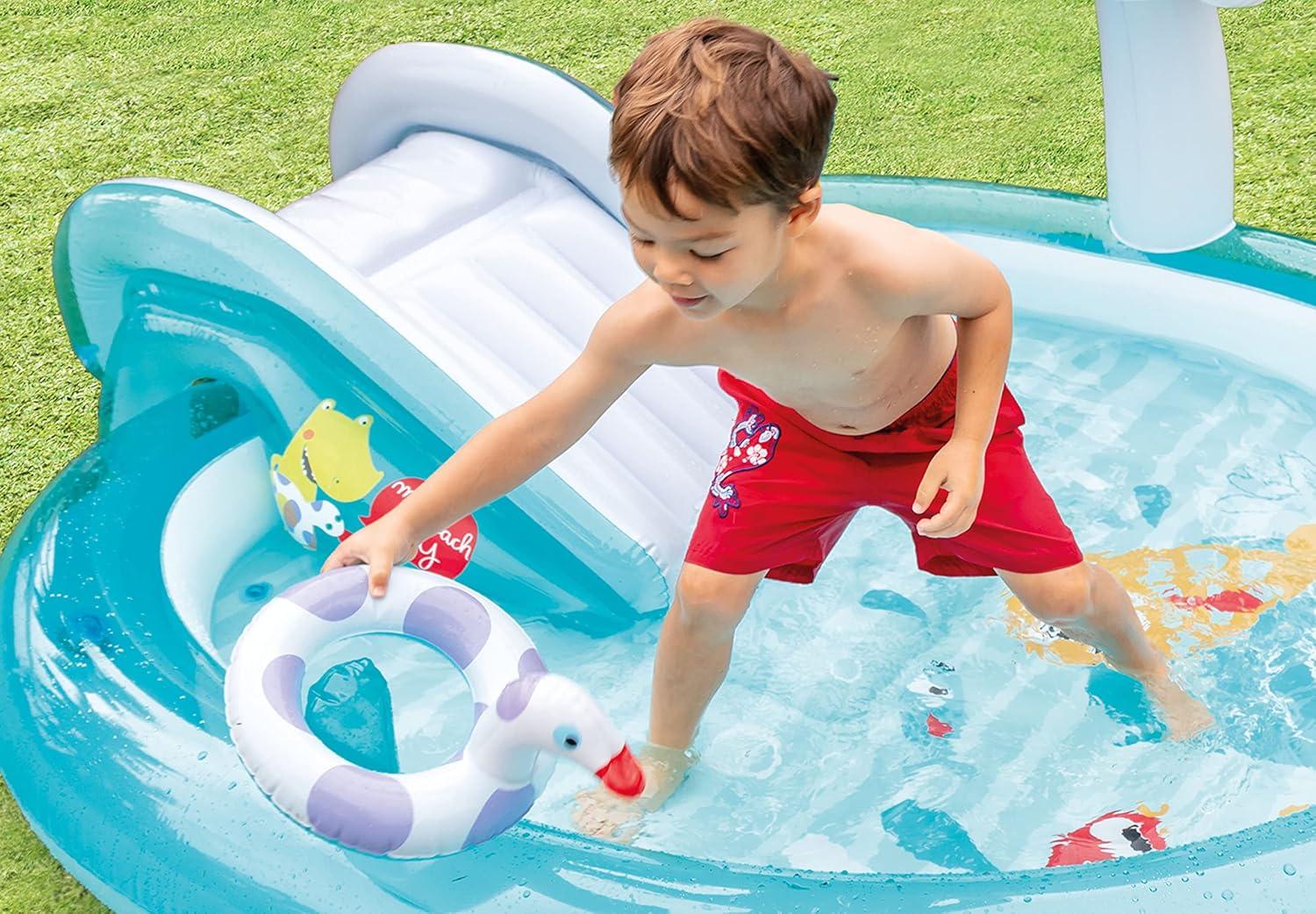 Intex 57165EP Gator 6.6ft x 5.6ft x 4in Outdoor Inflatable Kiddie Pool Water Play Center with Slide, for Toddlers Ages 2 and Up