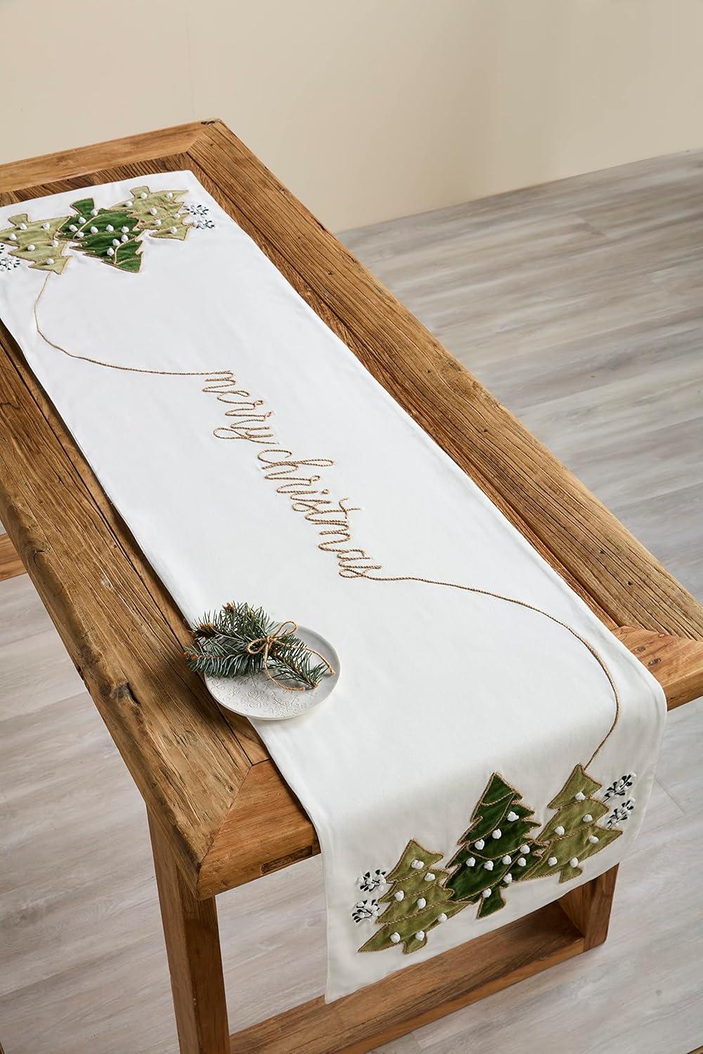 White Cotton Christmas Tree Table Runner with Embroidery, 18" x 72"