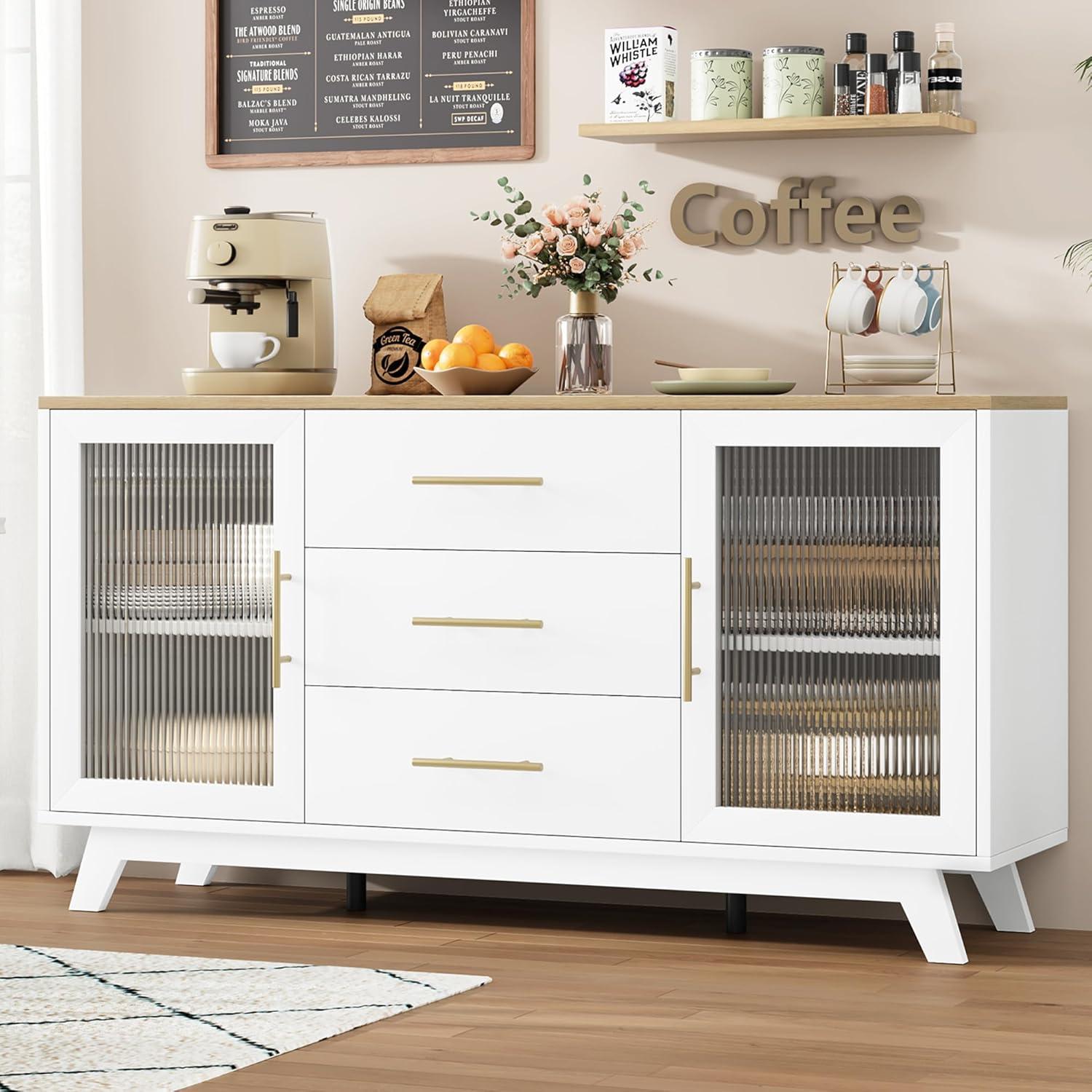 56" White Sideboard Buffet Cabinet with Natural Top and Fluted Glass Doors