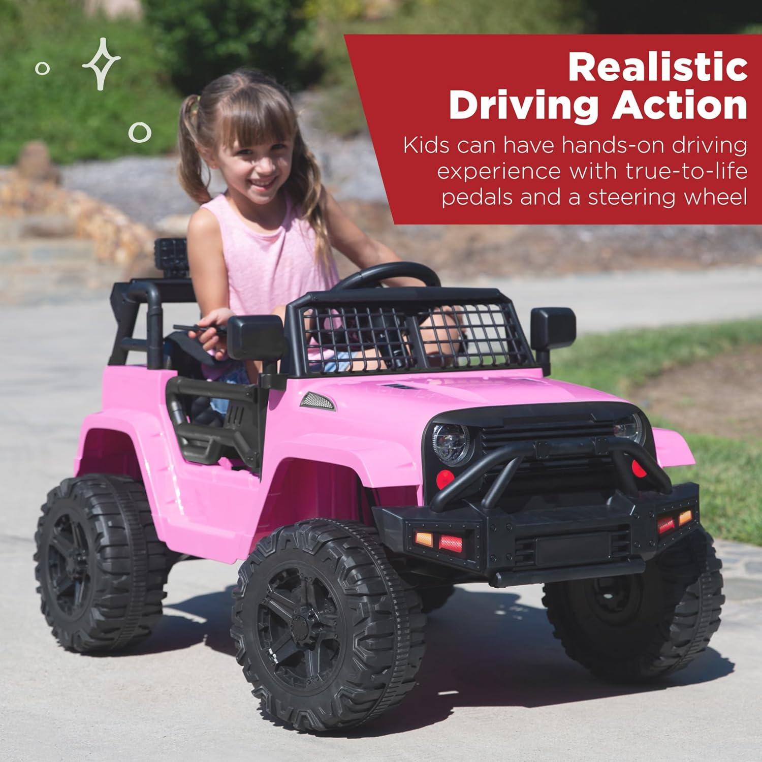 Best Choice Products 12V Kids Ride On Truck Car w/ Parent Remote Control, Spring Suspension, LED Lights - Pink
