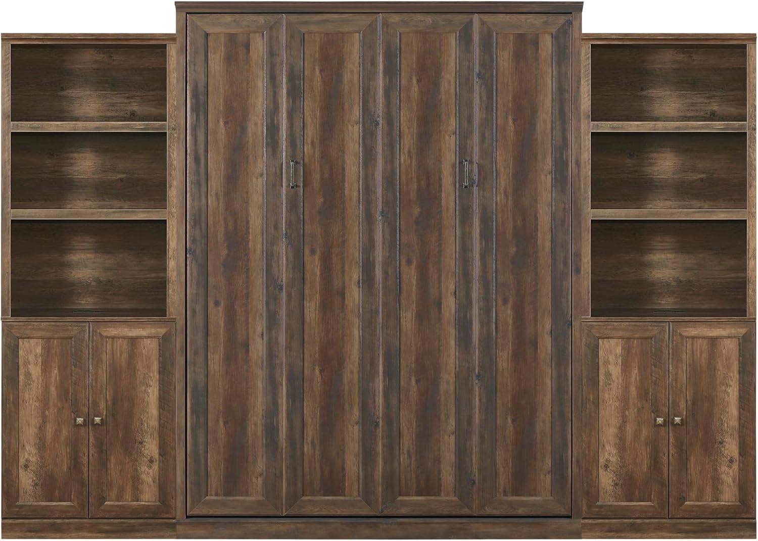 LUSPAZ Queen Size Half Self-Close and Open Murphy Bed with 2 Side Cabinet and Desk, Space-Saving Design Solid Pine Wood Foldable Pull Out Bed Cabinet, for Apartments, Bedrooms, Brown