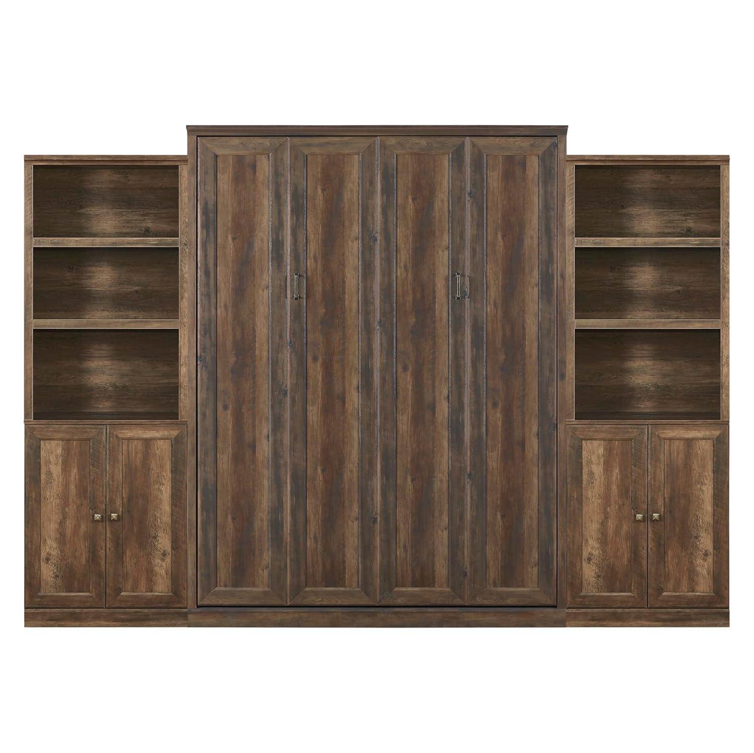 LUSPAZ Queen Size Half Self-Close and Open Murphy Bed with 2 Side Cabinet and Desk, Space-Saving Design Solid Pine Wood Foldable Pull Out Bed Cabinet, for Apartments, Bedrooms, Brown