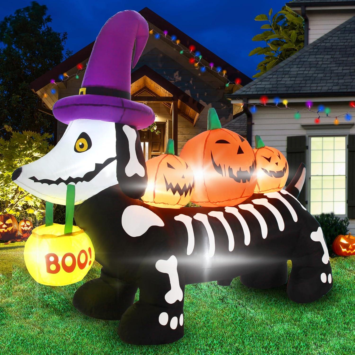 5 FT Halloween Inflatable Skeleton Dog with Pumpkins and LED Lights