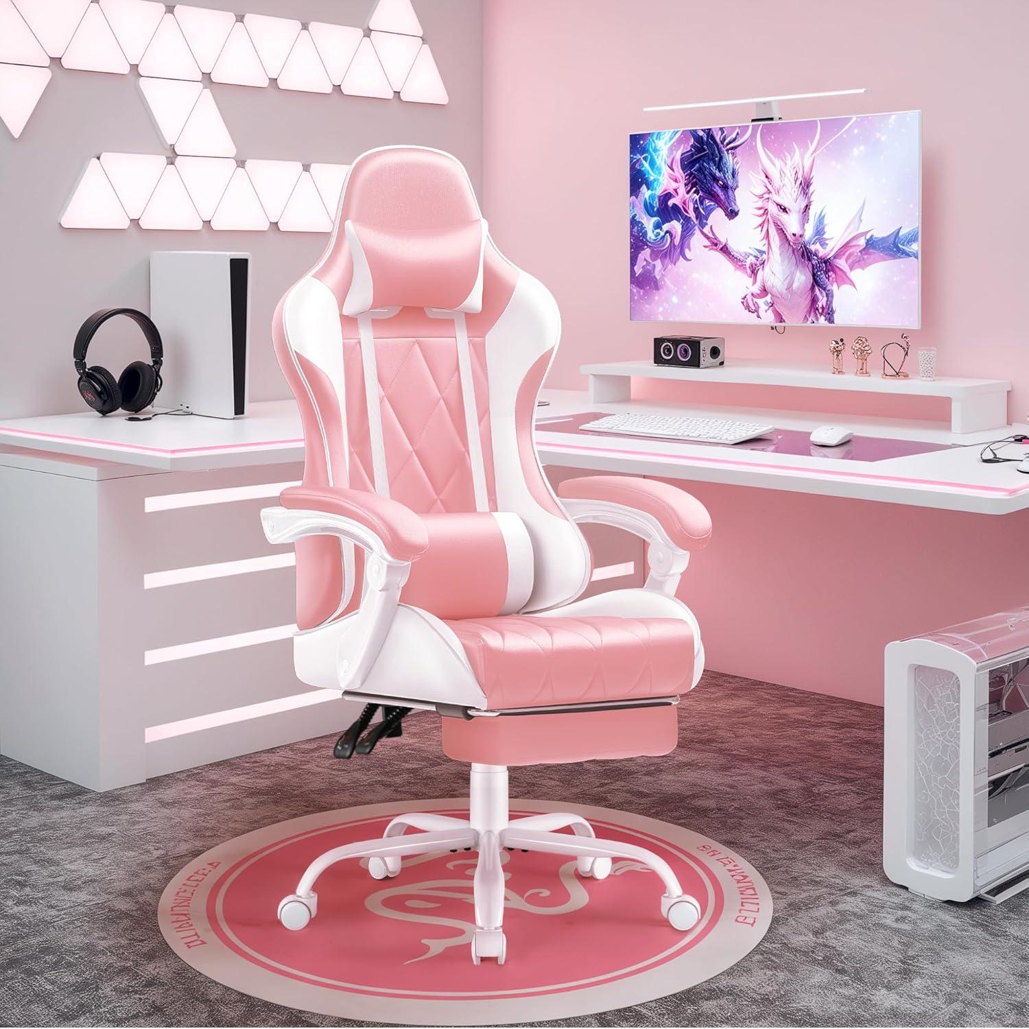 Pink and White Ergonomic Faux Leather Gaming Chair with Footrest