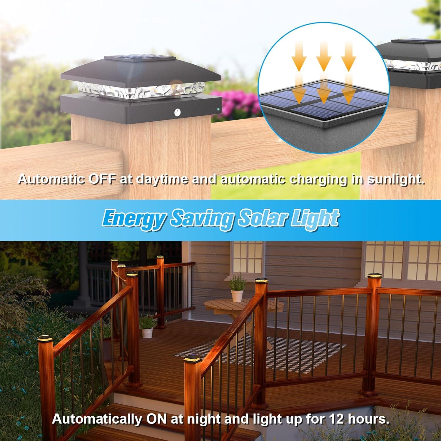 VOLISUN 4x4 Solar Fence - Post Lights Outdoor Waterproof 12pack, Deck Cap Light for 4x4 Wooden/4x4 Vinyl,Black Solar Fence Post Cap Light for Garden/Patio/Porch