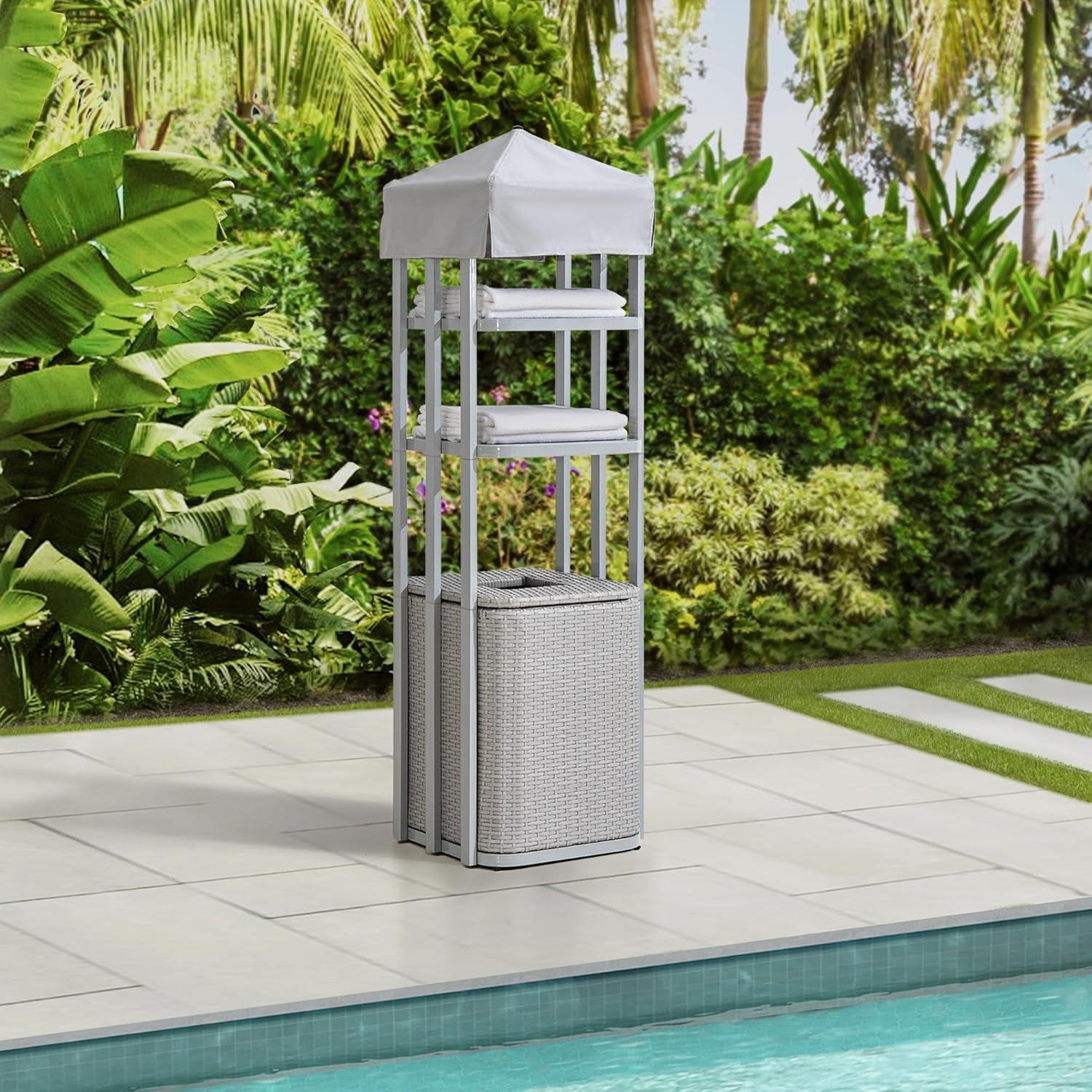 Sunjoy Aluminum Frame Pool Towel Valet Tower with 2-Tier Shelves and A Large All-Weather Wicker Storage Basket for Dirty Towels