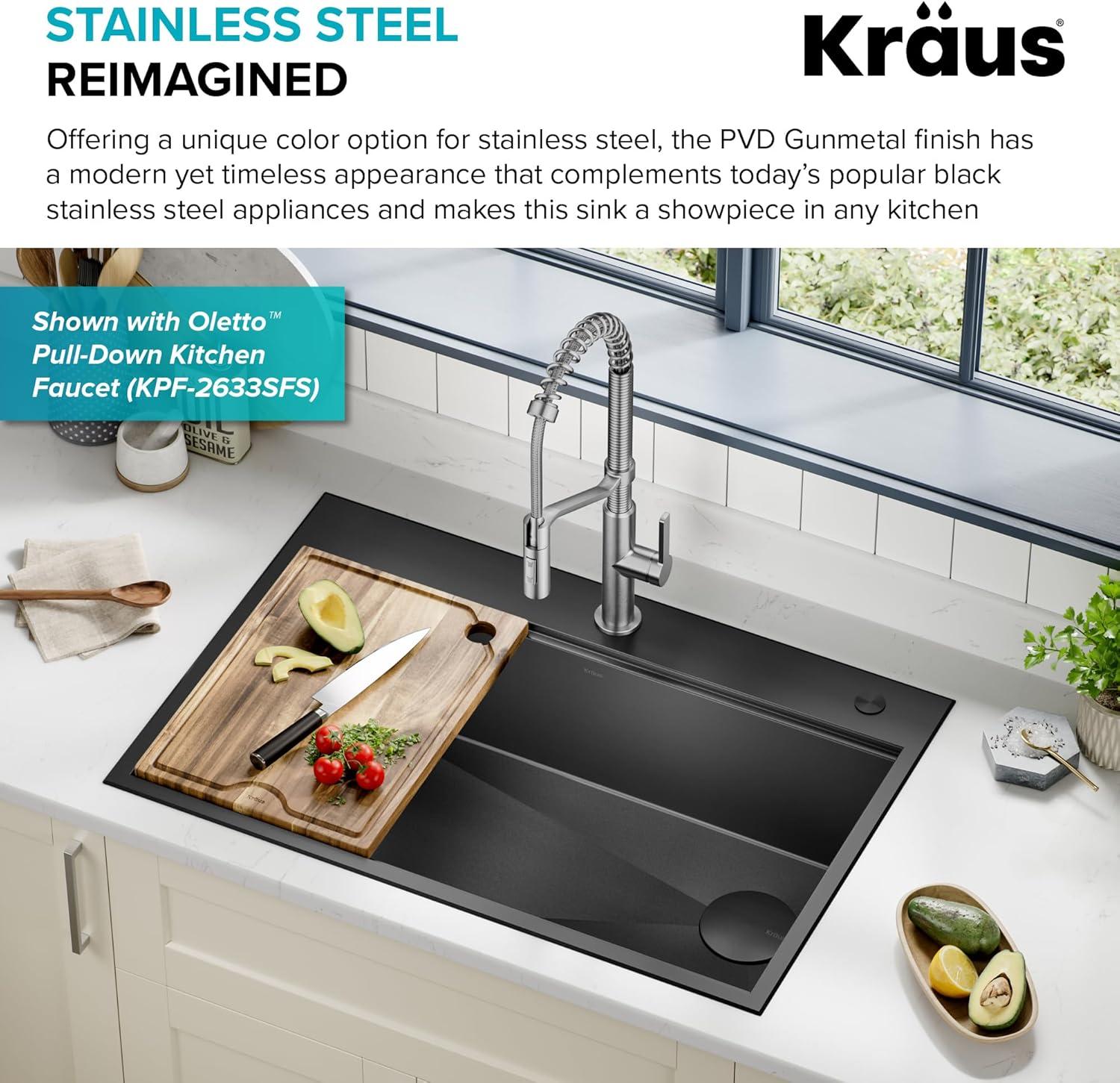 KRAUS Kore™ Workstation 33" L Top Mount Drop-In 16 Gauge Black Stainless Steel Single Bowl Kitchen Sink