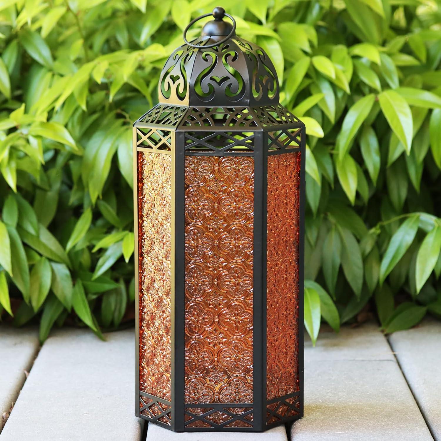 Extra Large Black Metal Moroccan Floor Lantern with Amber Glass