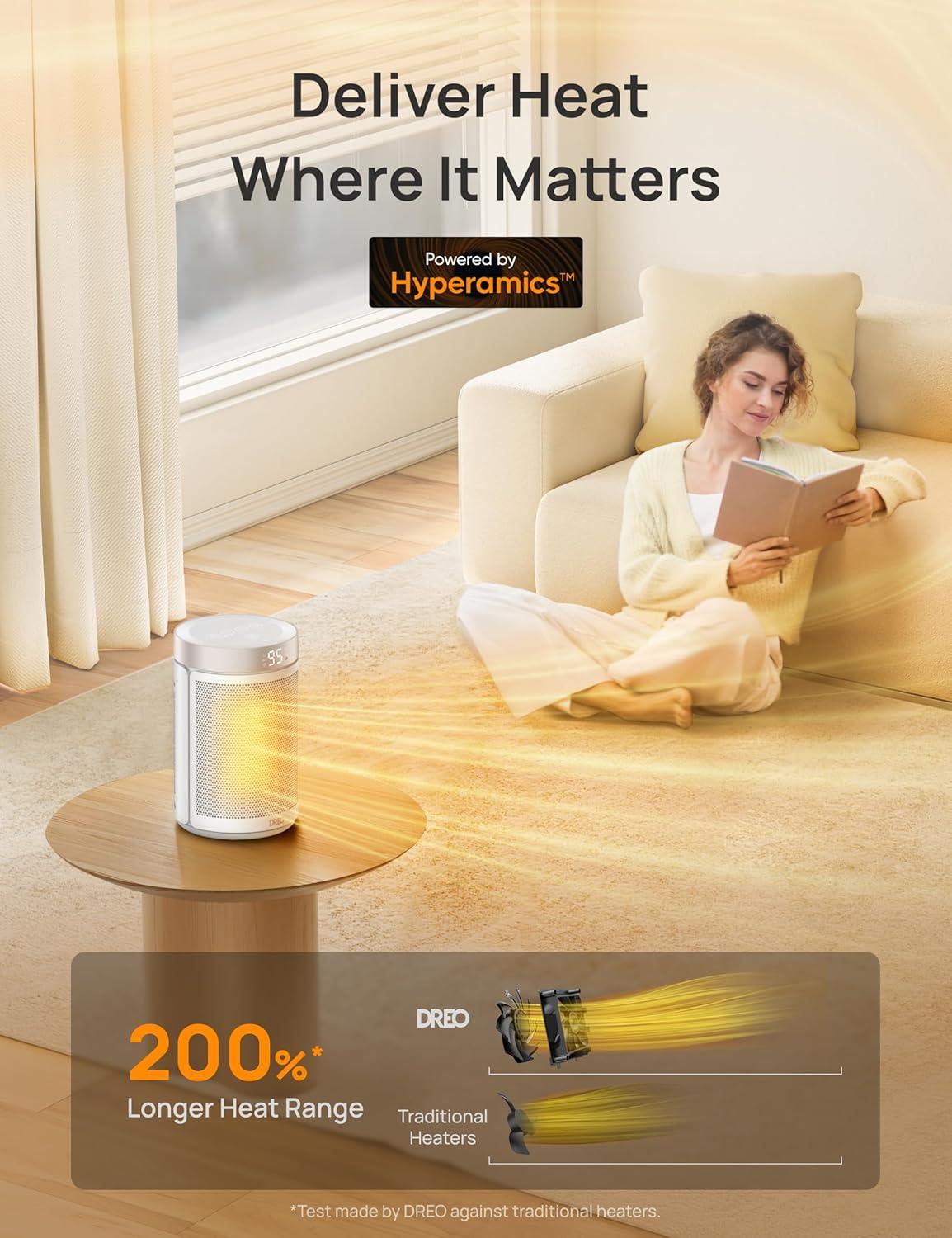 Dreo Space Heaters for Indoor Use, Portable Heater with Thermostat, 1-12H Timer, Eco Mode and Fan Mode, 1500W PTC Ceramic Fast Safety Heat for Office Bedroom Home, White