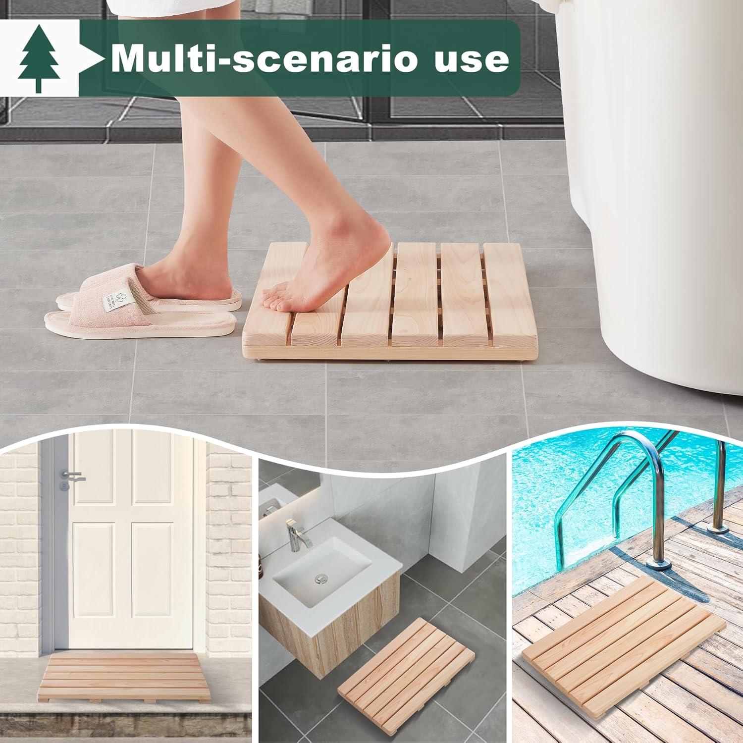 bingaai Hinoki Wood Shower and Bath Mat 25×18.9 in, Natural Japanese Hinoki Wooden Bath Mat, Non-Slip Bathroom Mat Wood for Indoor Outdoor Shower, Wooden Floor Mat for Spa Sauna Camping