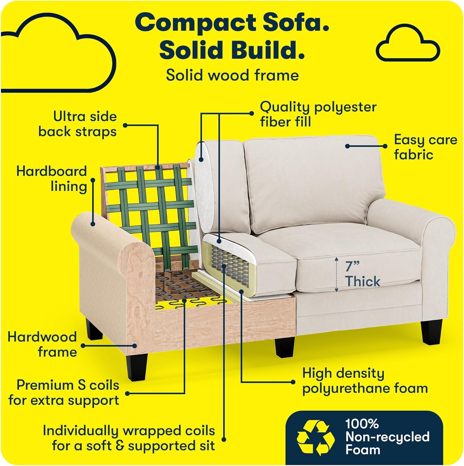 Serta Copenhagen 61" Rolled Arm Sofa, Easy Care Fabric, Soft Pillow Back, Pocket Coil Seat Cushions