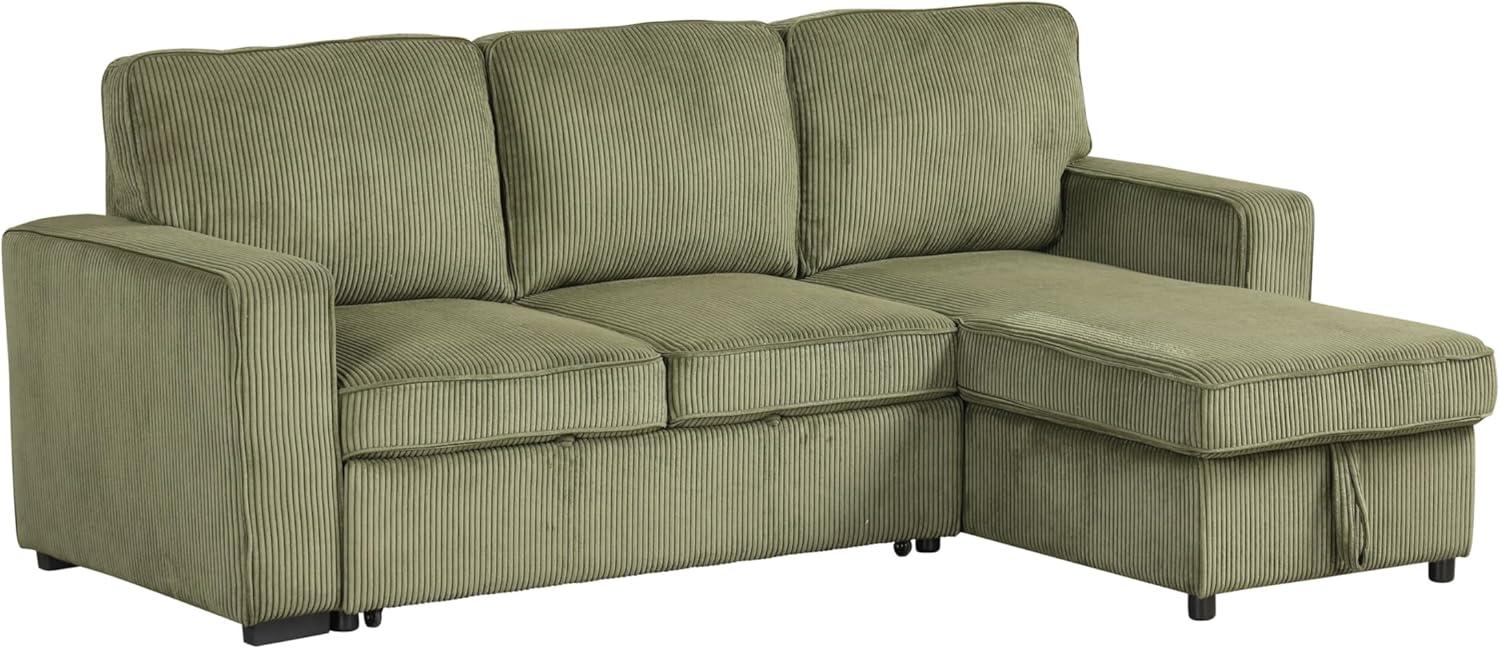 HOMES: Inside + Out Paeke Sleeper Sectional Sofa Corduroy with Storage Chaise and Reversible Green